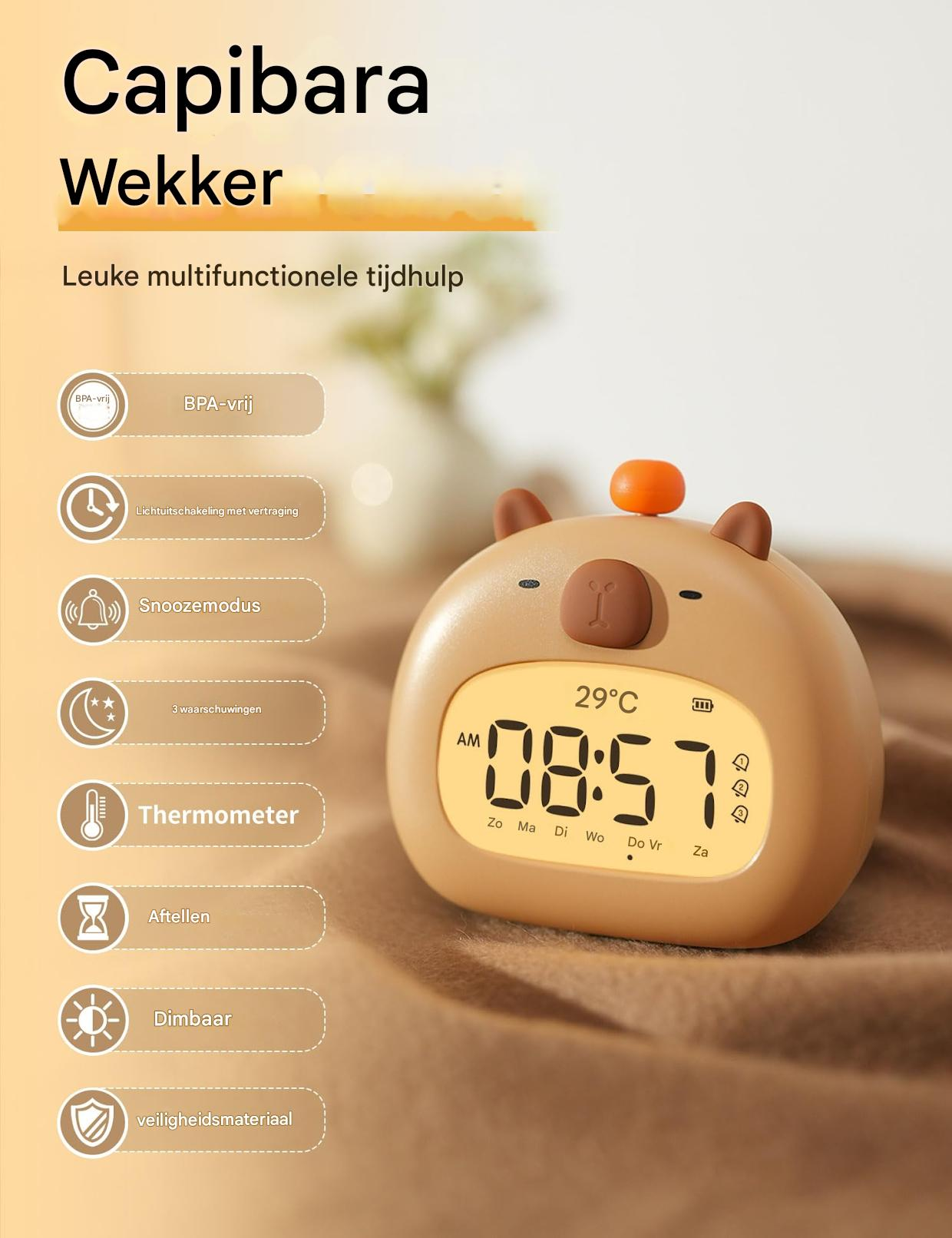Una sveglia beige a forma di orso mostra le 08:57 AM, 29°C. Ha più icone di funzione e le parole Capibara Wekker.