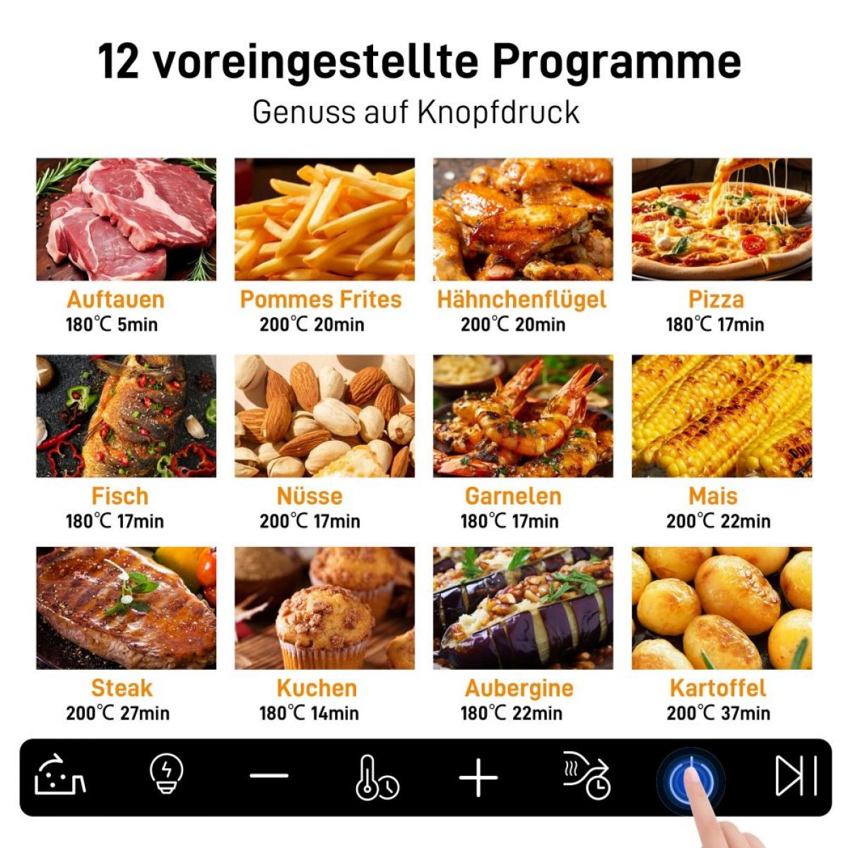 Ein Airfryer-Display zeigt 12 voreingestellte Programme, darunter Fleisch, Pommes, Hähnchenflügel, Pizza, Fisch, Nüsse, Garnelen, Mais, Steak, Kuchen, Aubergine und Kartoffeln.