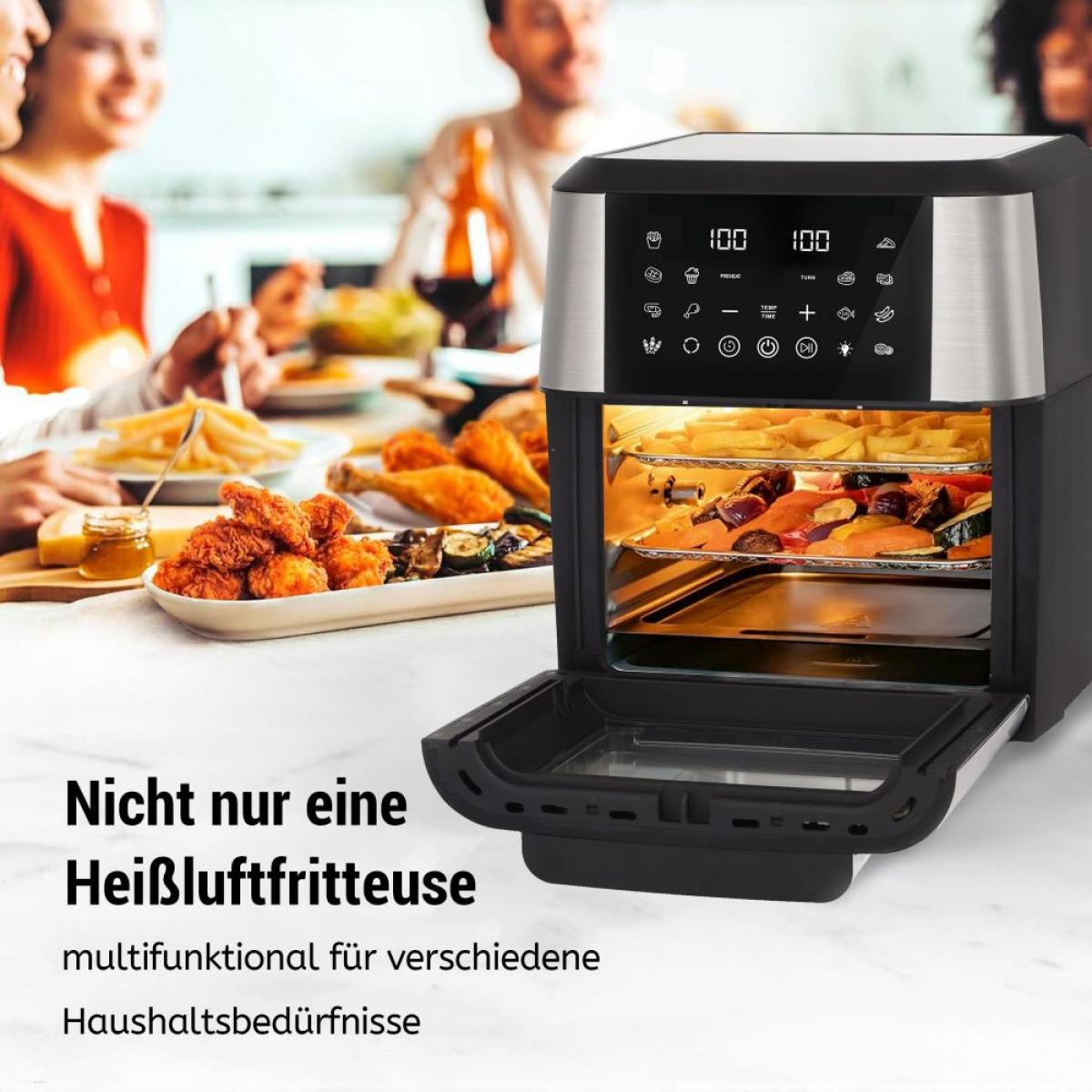 Ein offener Airfryer, der das Essen im Inneren zeigt. Im Hintergrund sind Menschen. Text: 'Nicht nur eine Heißluftfritteuse'.