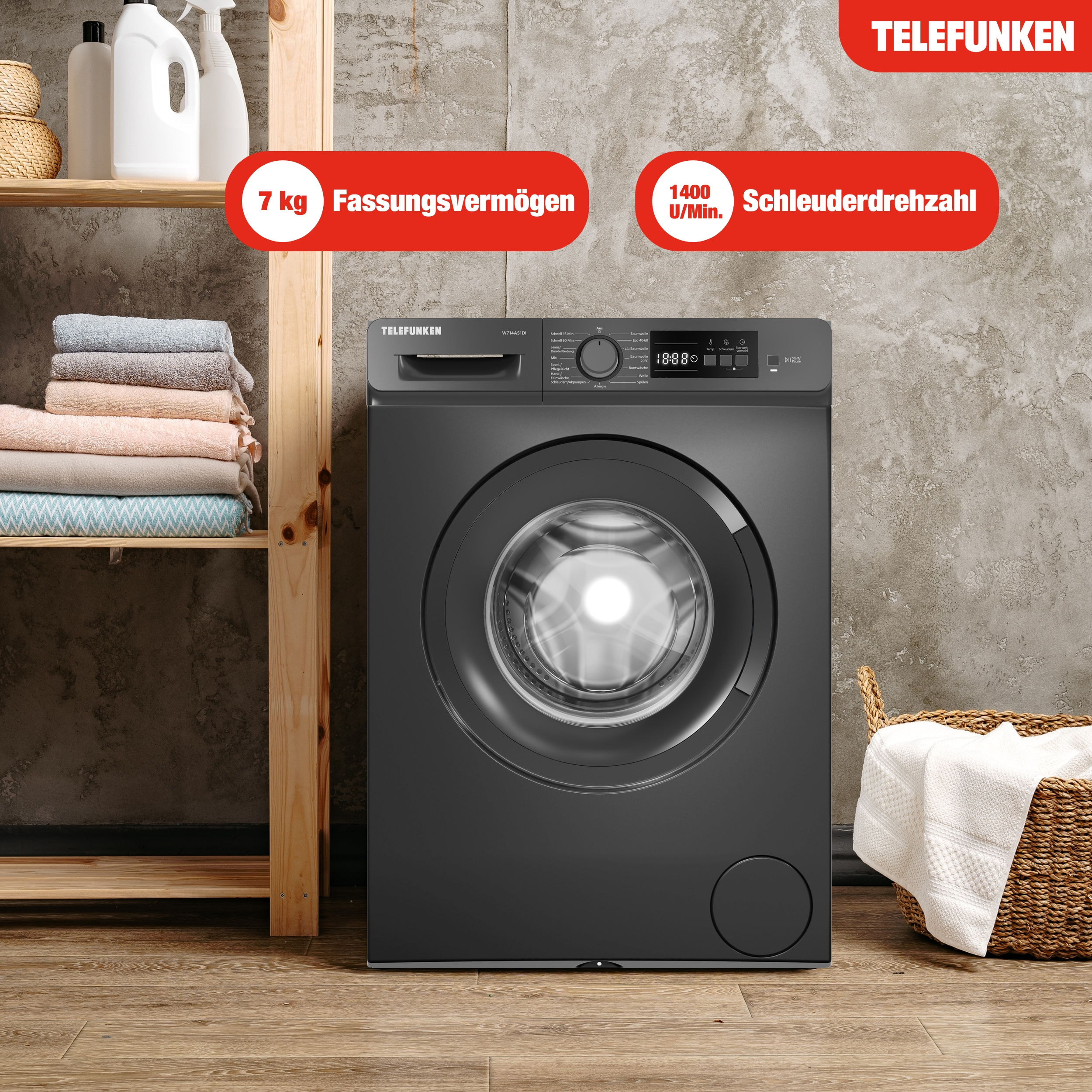 Eine dunkelgraue TELEFUNKEN Waschmaschine mit 7 kg Fassungsvermögen und 1400 U/Min Schleuderdrehzahl.