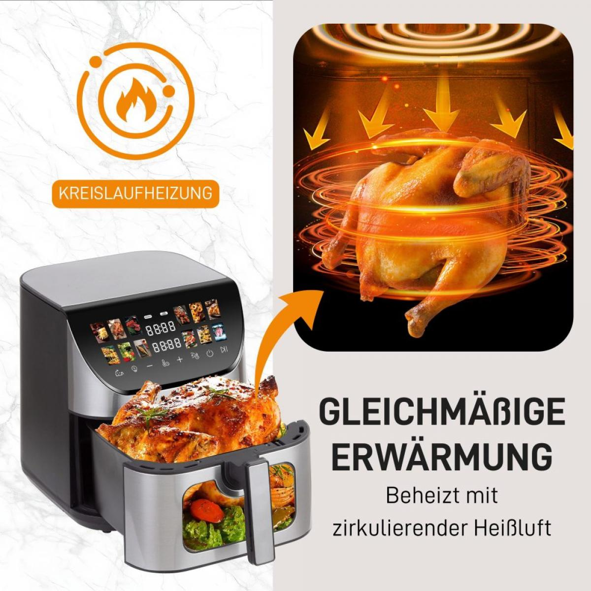 Eine Heißluftfritteuse mit einem gebratenen Huhn darin. Grafik, die den Heizvorgang zeigt. Text: Gleichmäßige Erwärmung. Beheizt mit zirkulierender Heißluft.