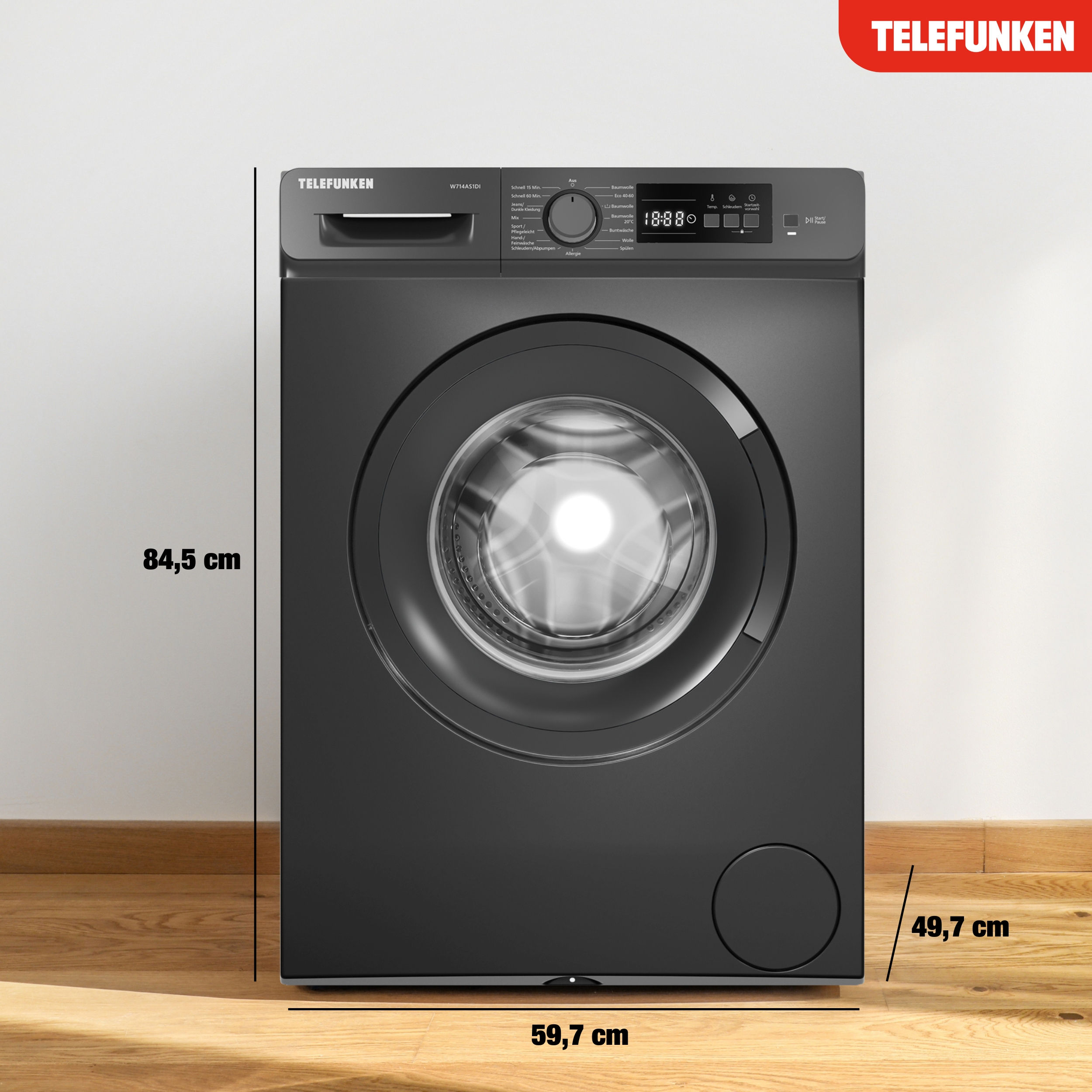 Eine schwarze Telefunken-Waschmaschine wird angezeigt. Sie steht auf einem Holzboden, mit angegebenen Abmessungen.