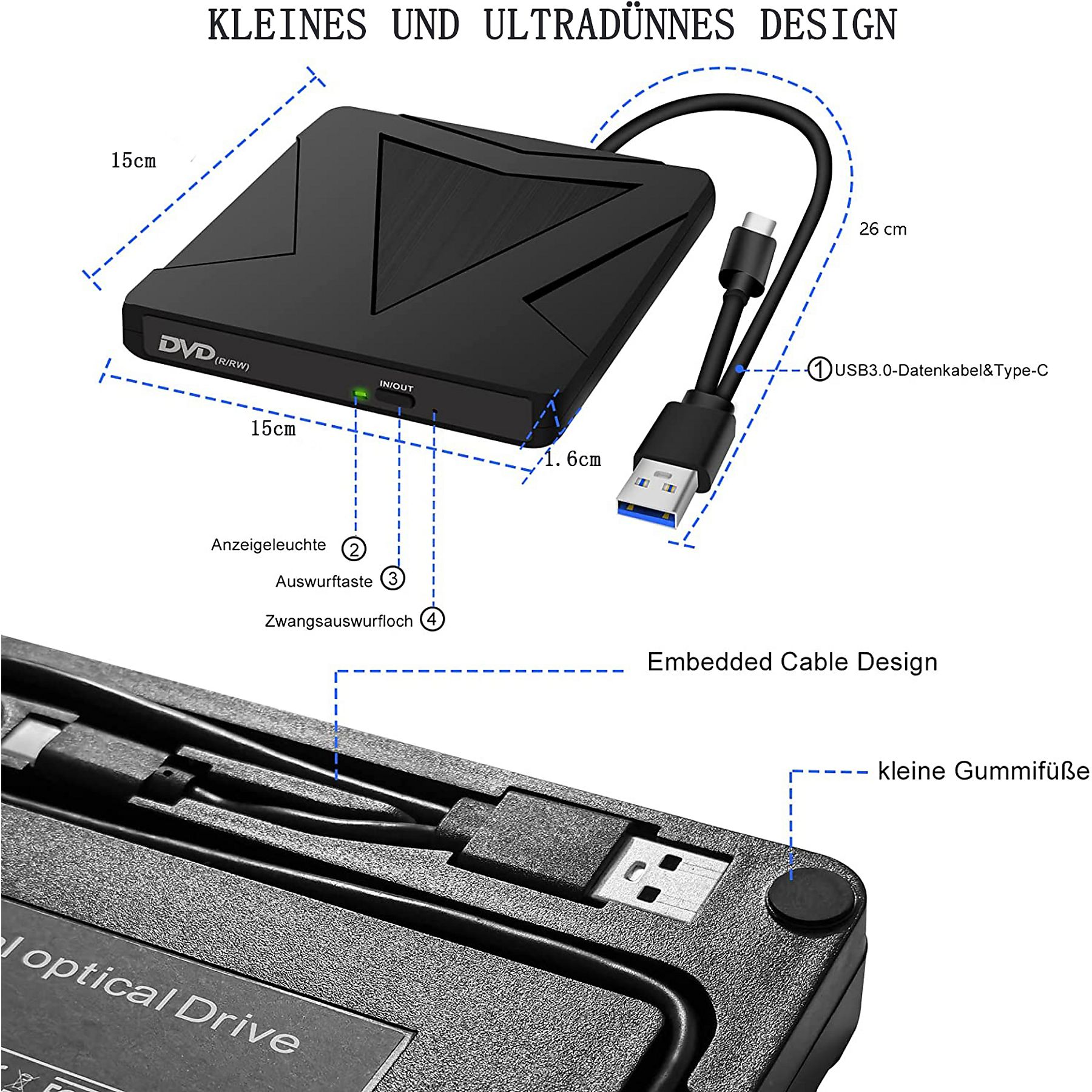 Schwarzes externes DVD-Laufwerk, Abmessungen gekennzeichnet. USB-Kabel angeschlossen. Textbeschriftungen auf Deutsch. Kleine Gummifüße.