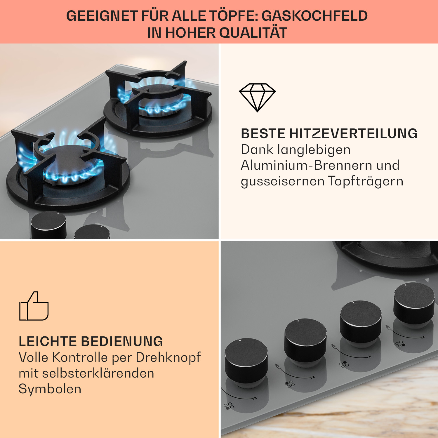 Ein Gasherd mit zwei Brennern, die mit blauen Flammen brennen, vier Bedienknöpfen und Text, der seine Eigenschaften beschreibt.