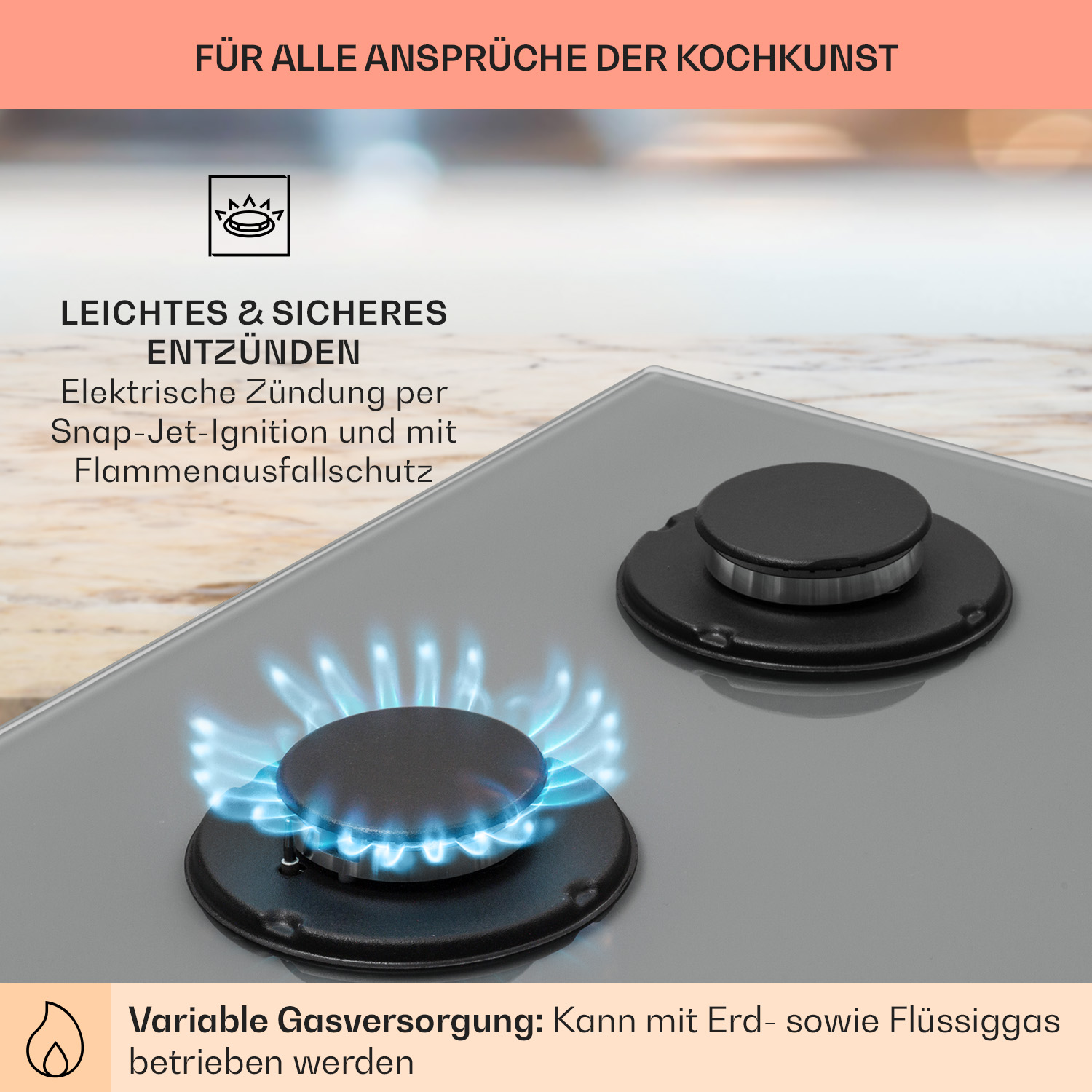 Nahaufnahme eines Gasherds mit blauer Flamme. Text enthält 'einfache Zündung' und 'variable Gasversorgung'.