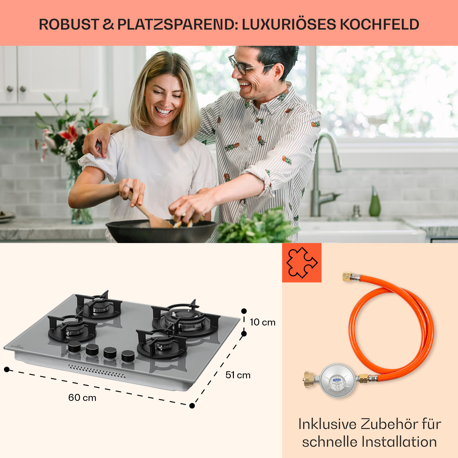 Ein Paar kocht in einer Küche. Ein Gasherd ist mit einem Gasschlauch an der Seite gezeigt. Text lautet 'Robust & platzsparend: luxuriöses Kochfeld'.