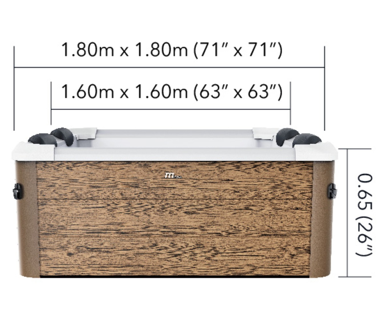 Ein rechteckiger Whirlpool mit Größenangaben. Die Seite mit Holzmaserung hat Griffe. Maße: 1,80m x 1,80m und 1,60m x 1,60m.