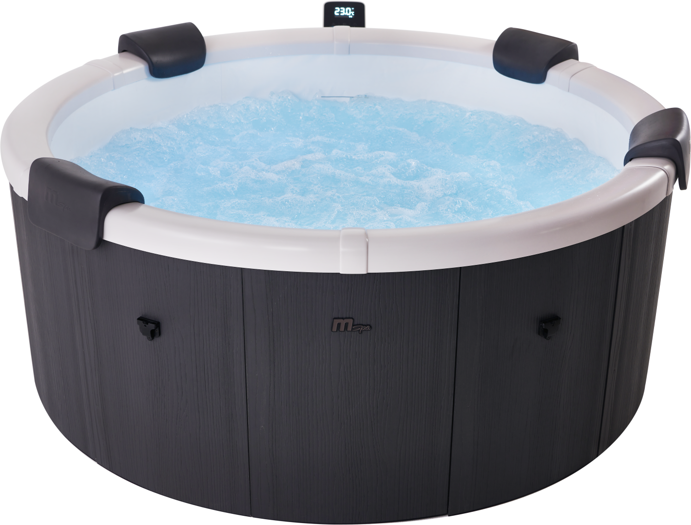 Ein runder Whirlpool mit blauem Wasser. Er hat eine dunkelgraue Holzverkleidung, einen weißen Rand und schwarze Kopfstützen. Die Temperaturanzeige zeigt 23 an.