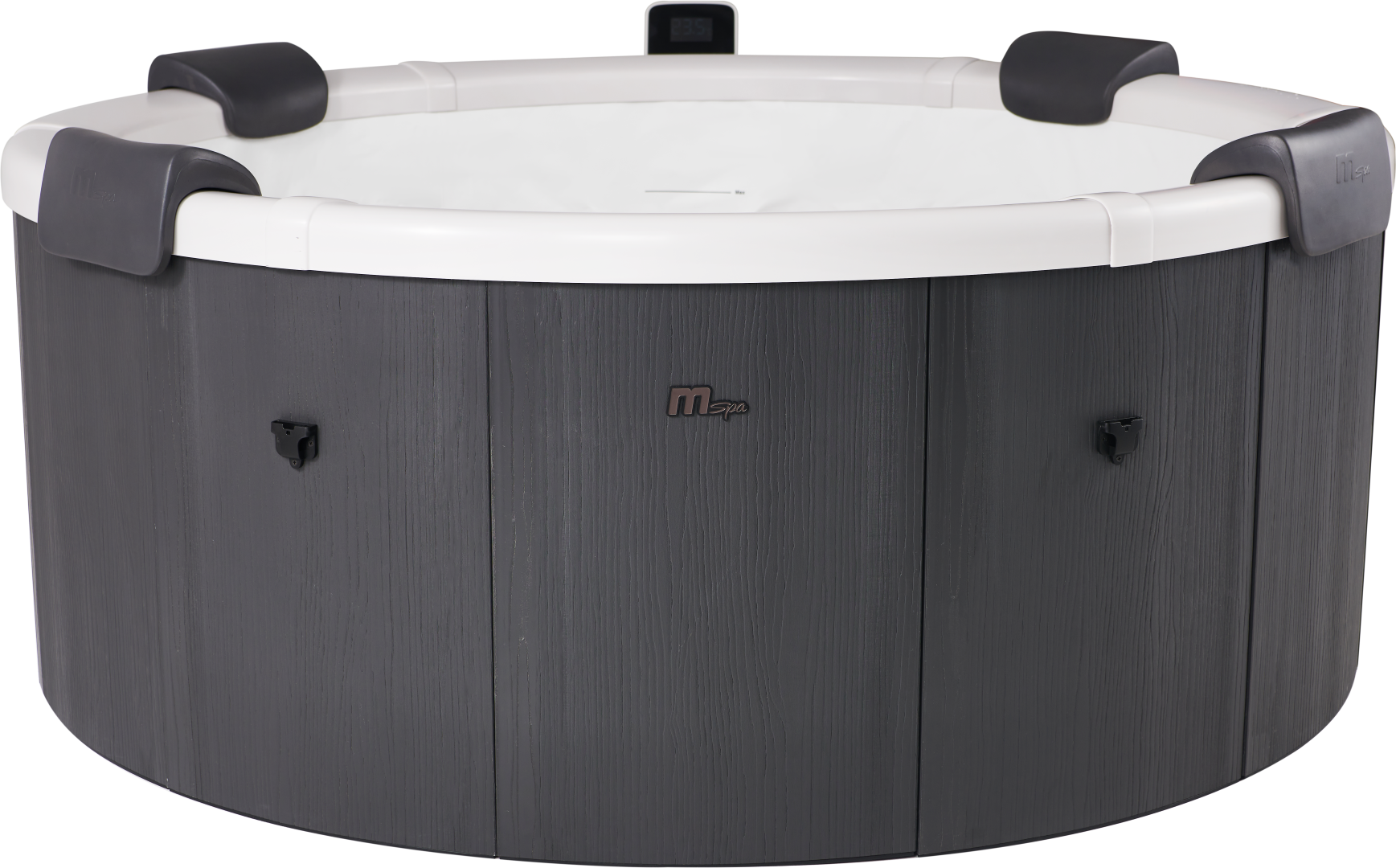 Ein runder Whirlpool. Er hat eine graue Holzaußenseite und einen weißen Innenraum mit schwarzen Kopfstützen. Eine Temperaturanzeige ist sichtbar.