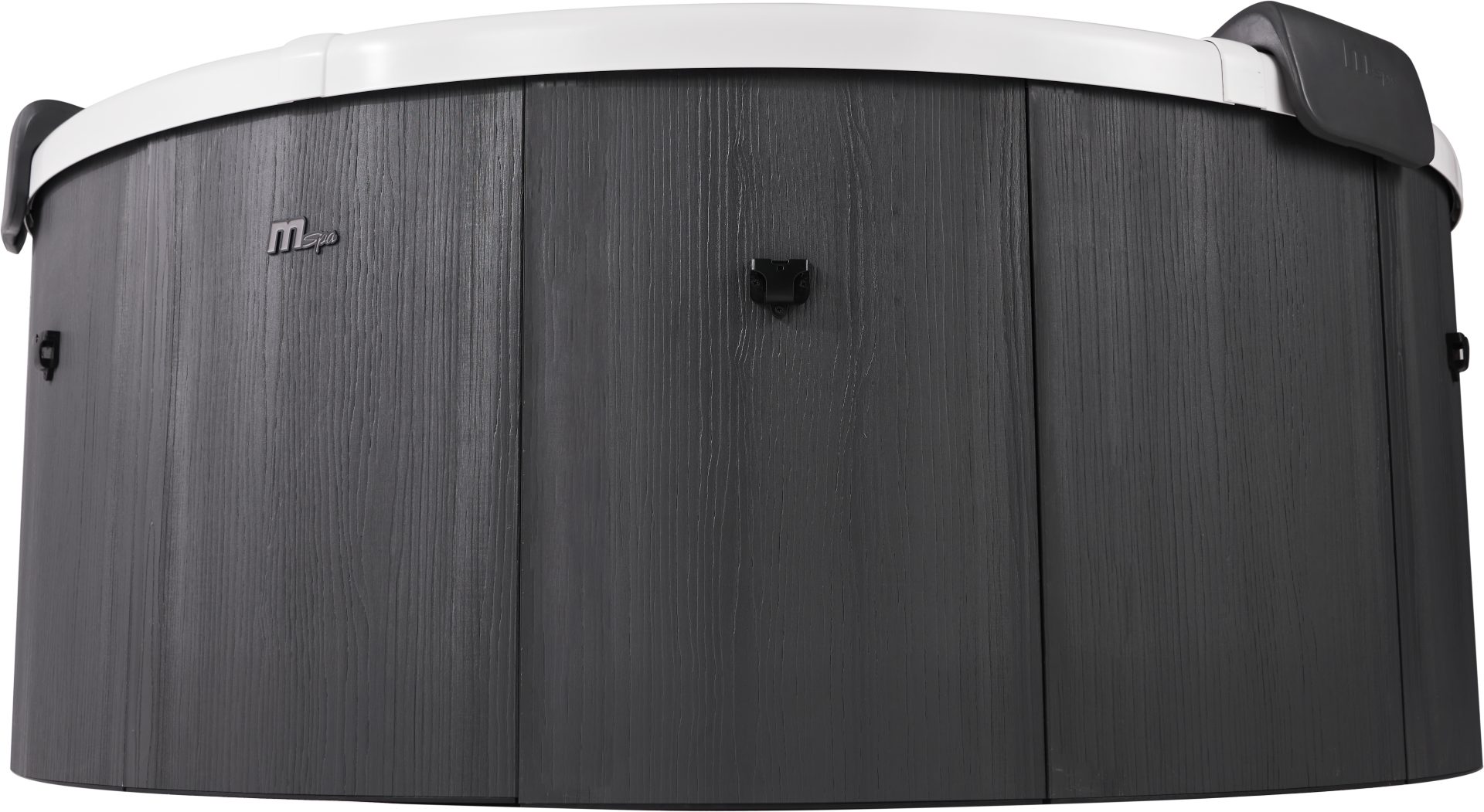 Ein dunkelgrauer Whirlpool mit weißem Rand. Mit schwarzem Verschluss und Mspa-Logo. Hat eine holzähnliche Textur.