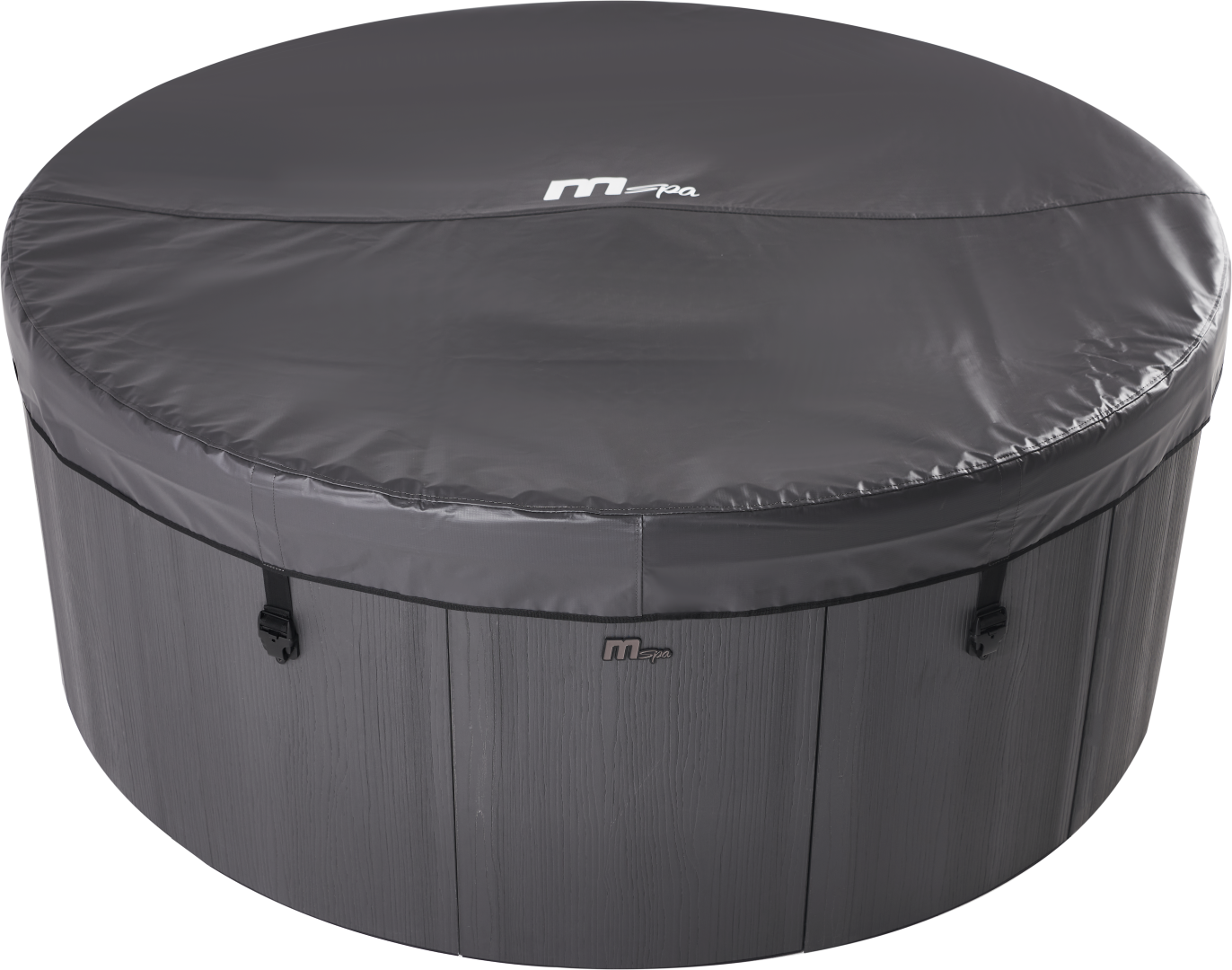 Ein runder Whirlpool mit einer dunkelgrauen Abdeckung. Die Wanne hat eine Holzstruktur. Der Deckel hat das M-Spa-Logo.