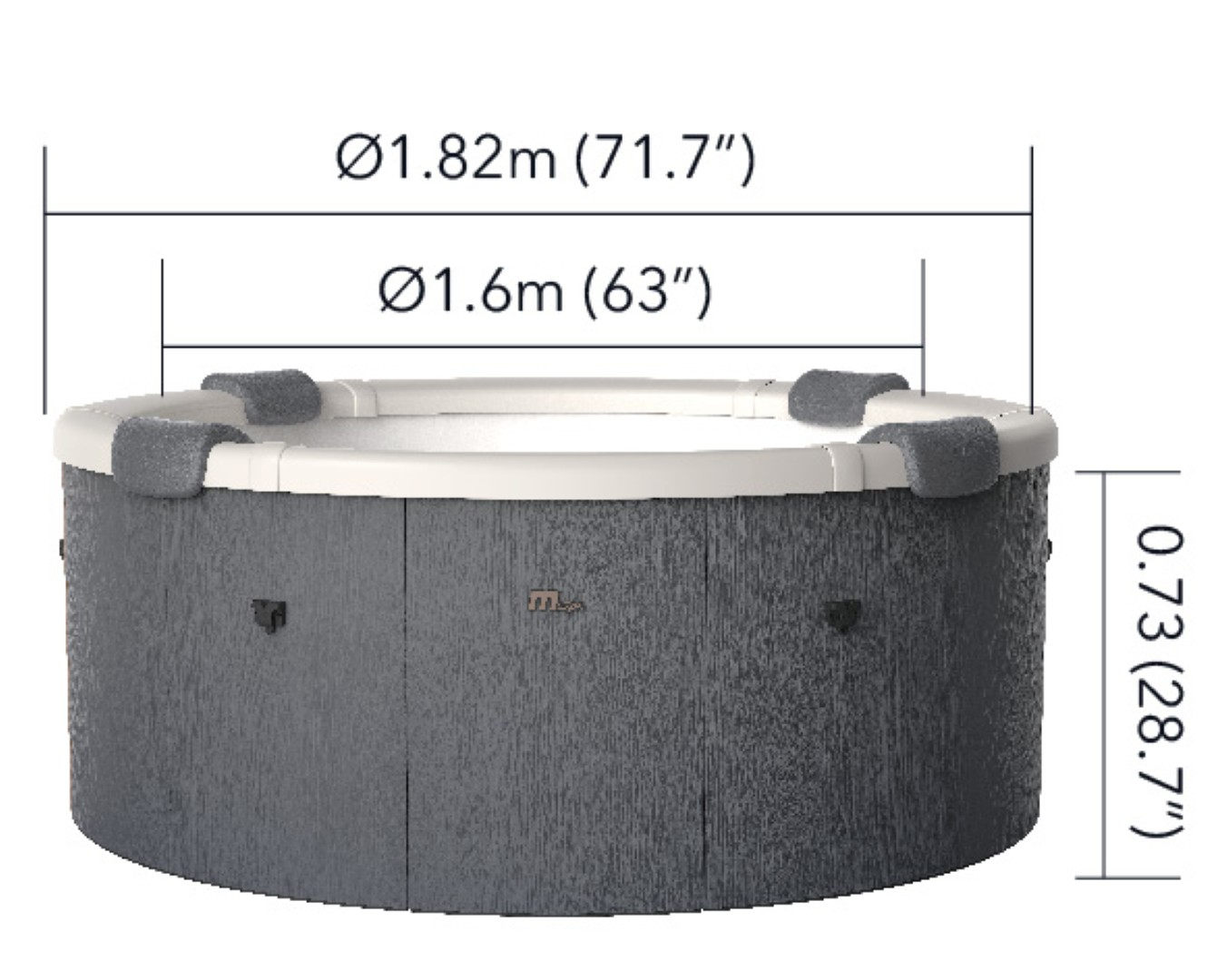 Ein runder Whirlpool mit Größenangaben. Graue Außenseite, weißes Innere, dunkelgraue Eckkissen. Maße in Metern und Zoll.
