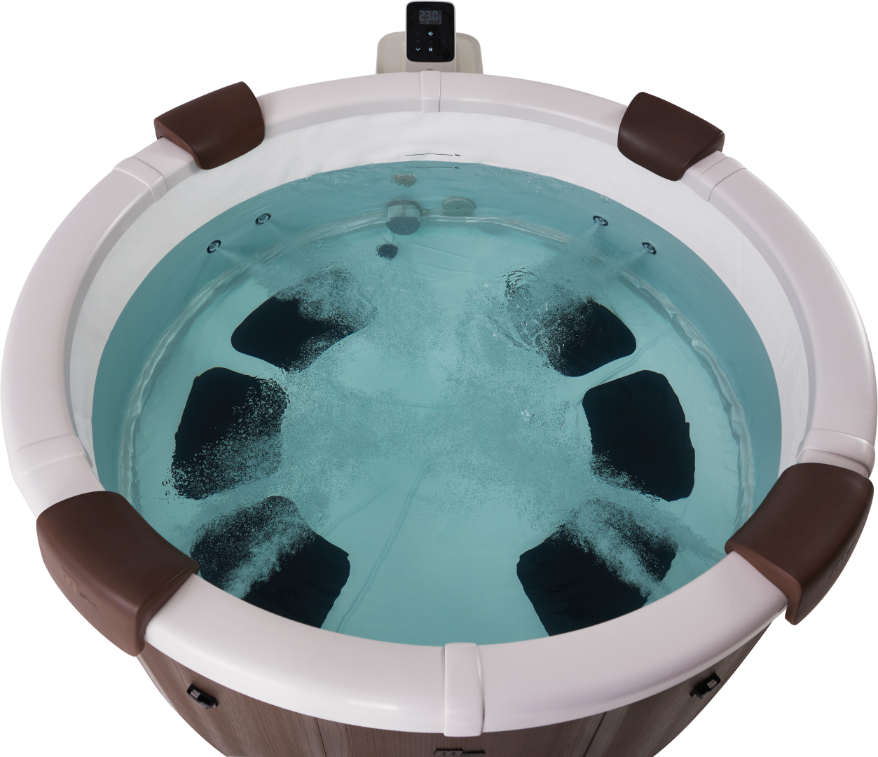 Ein runder Whirlpool ist mit Wasser gefüllt. Er hat braune Sitze und ein digitales Bedienfeld. Wasserstrahlen sind sichtbar.