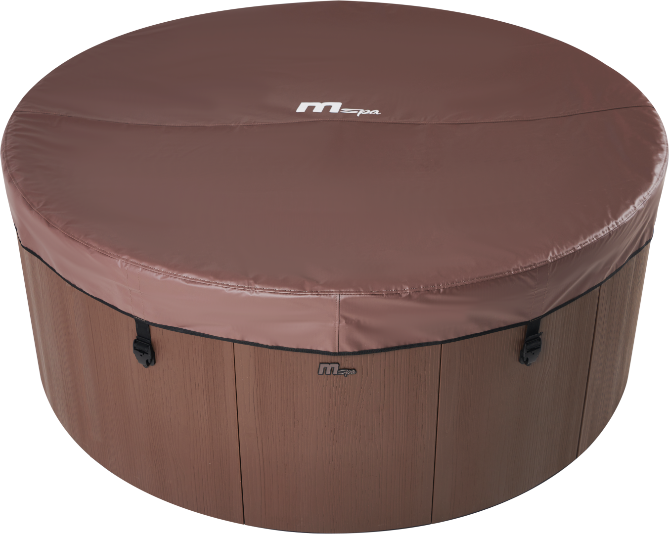 Ein runder, brauner Whirlpool mit einer Abdeckung. Die Abdeckung ist braun und hat das m-spa-Logo. Die Seiten haben Holzmaserung.