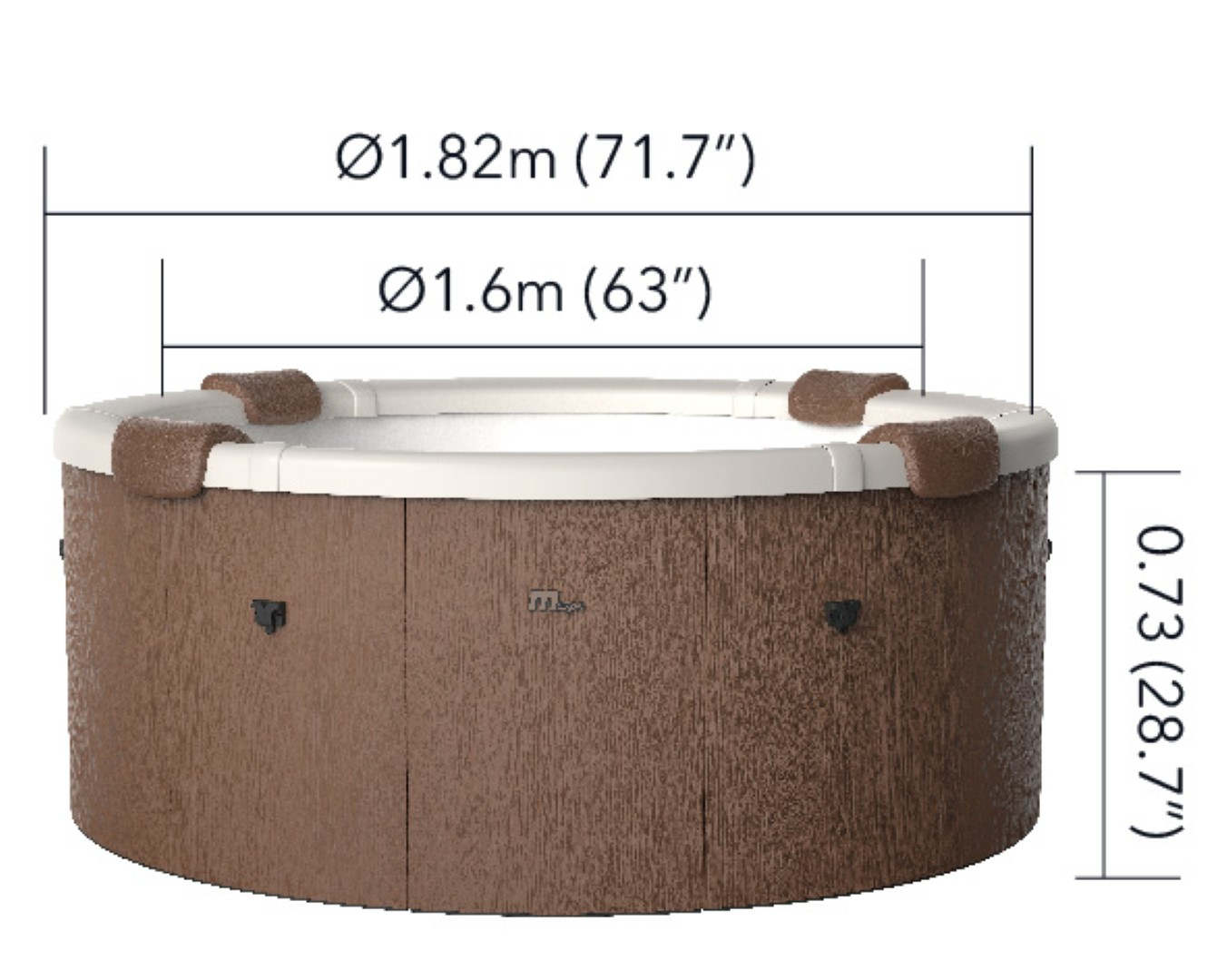 Ein runder Whirlpool mit brauner Außenseite und weißer Innenseite. Die Abmessungen sind angegeben: Durchmesser 1,82 m, 1,6 m und Höhe 0,73 m.