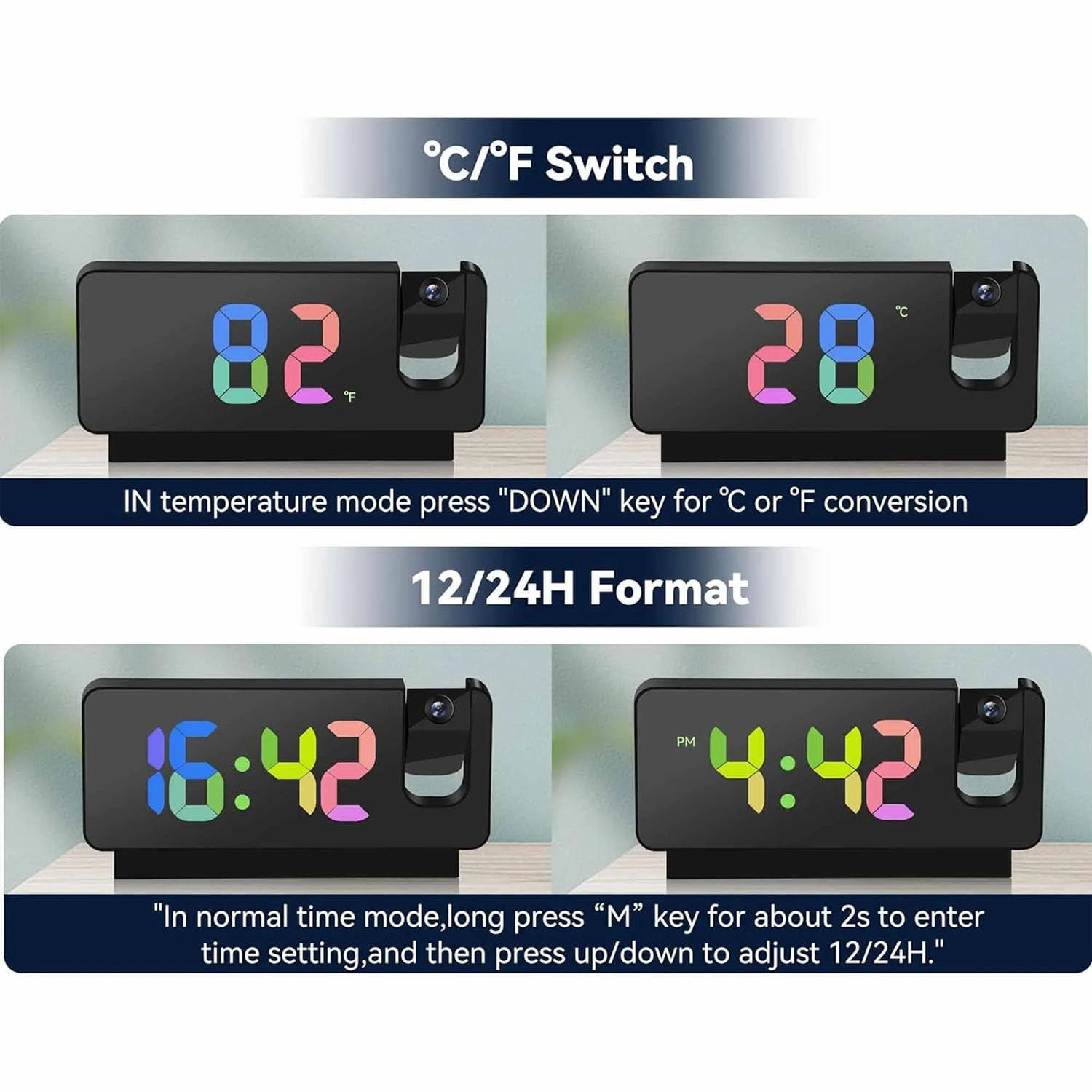 Schwarze Digitaluhr, die Temperatur und Uhrzeit anzeigt. Anweisungen zum Umschalten zwischen Celsius/Fahrenheit und 12/24H-Formaten.