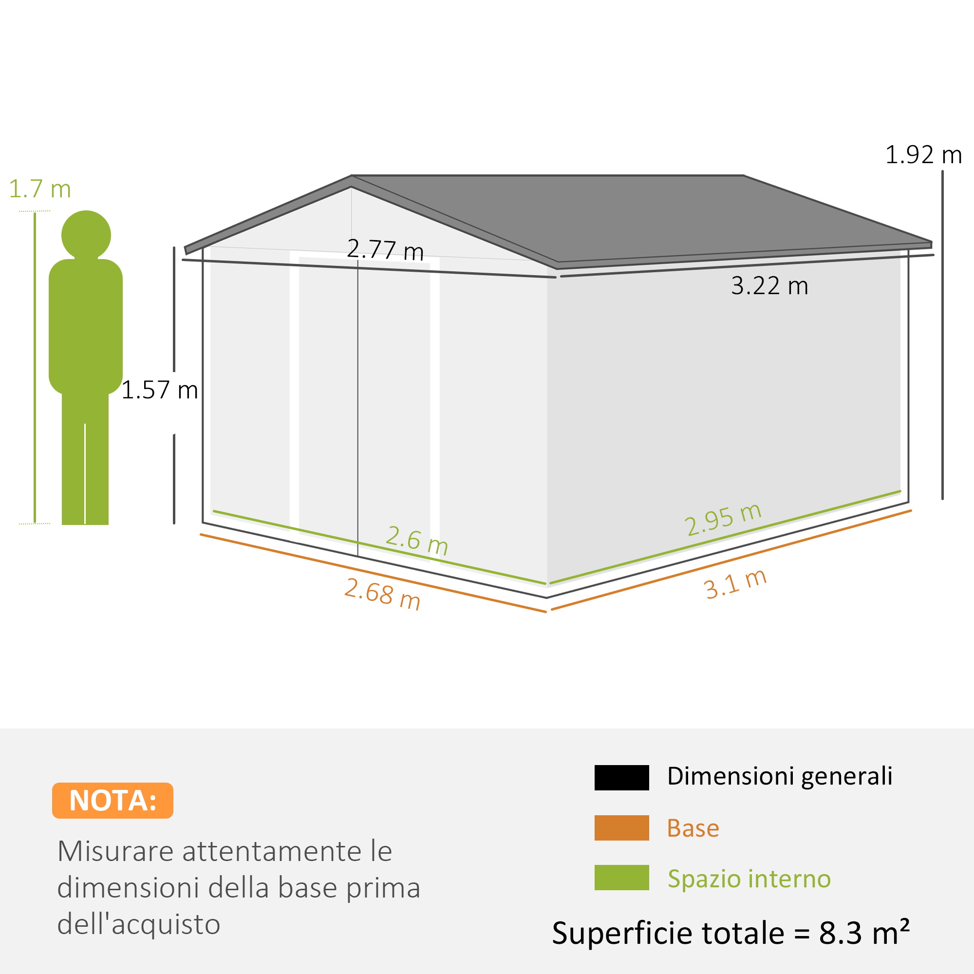 Schema di un capanno con dimensioni in metri. Include base, spazio interno e superficie totale. Una persona è in scala.