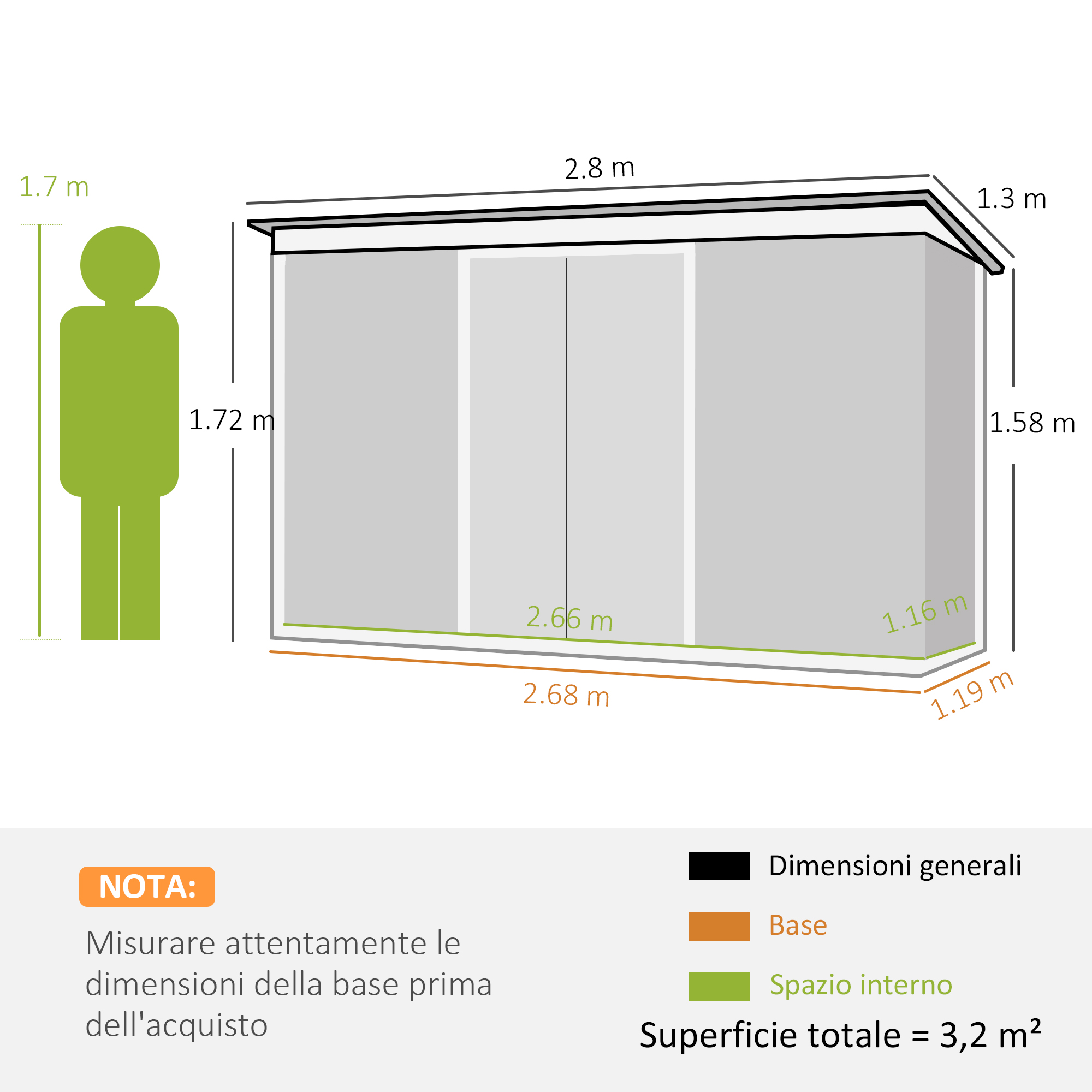 Un diagramma mostra un capannone con dimensioni. Una persona è disegnata accanto per la scala. Testo e dimensioni presenti.