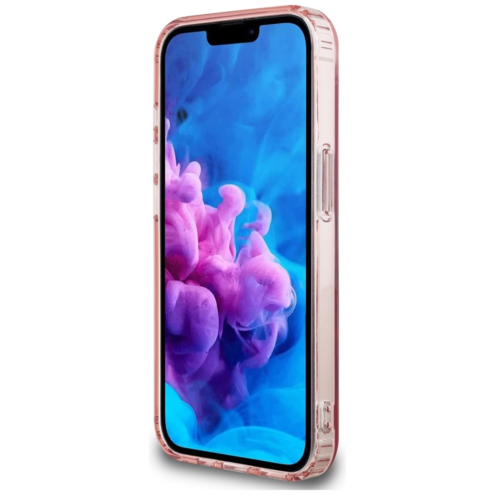 Uno smartphone in una custodia rosa trasparente. Lo schermo mostra arte astratta blu e viola. La custodia ha ritagli.