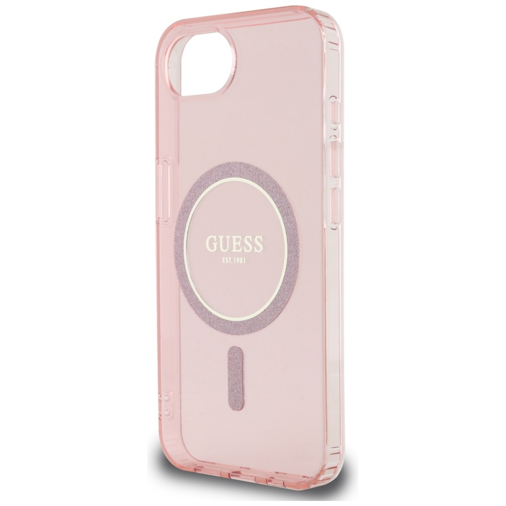 Una custodia per telefono Guess rosa. Ha un logo rotondo con il nome del marchio e EST. 1981. C'è un cerchio magnetico e un rettangolo.