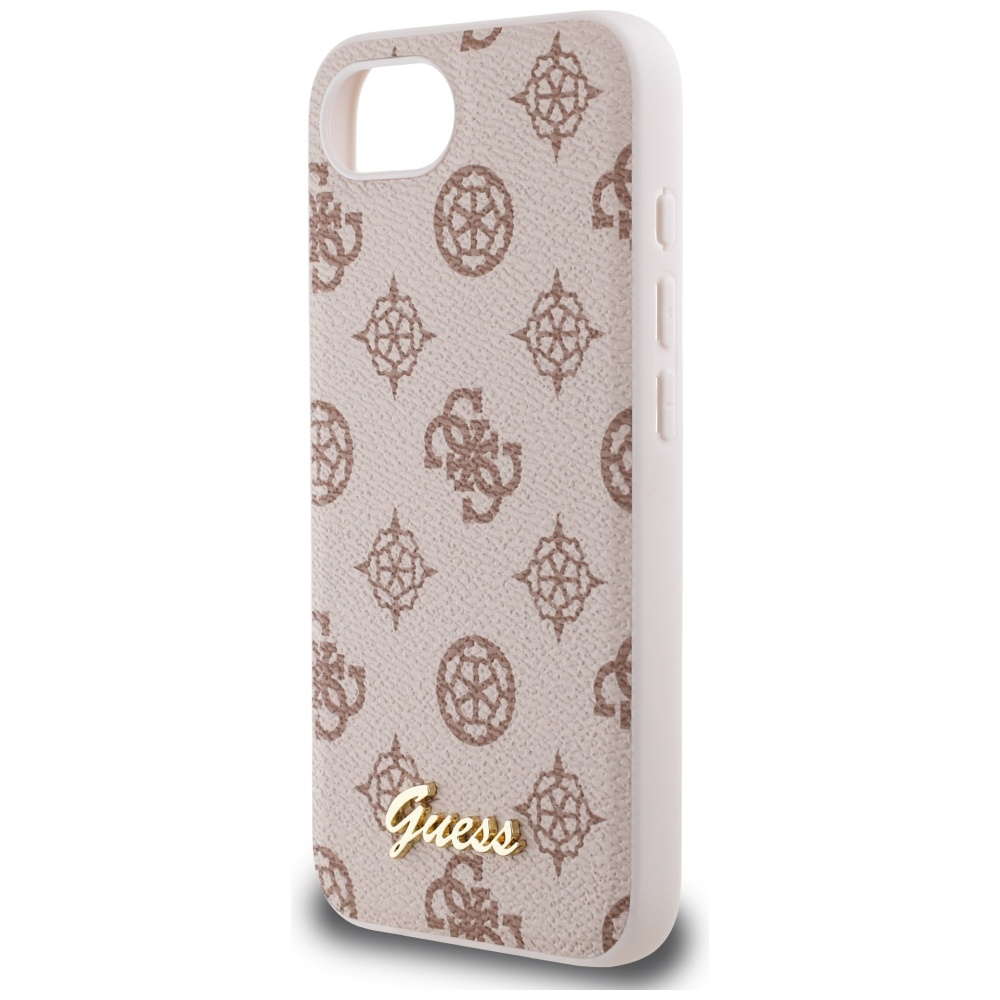 Eine beige und weiße Handyhülle. Die Hülle hat ein sich wiederholendes Muster aus braunen Logos. Das Wort "Guess" steht in Gold unten.