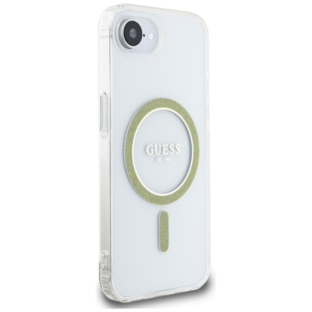 Custodia trasparente per iPhone con logo e dettagli Guess dorati. La custodia è trasparente e mostra la fotocamera del telefono.