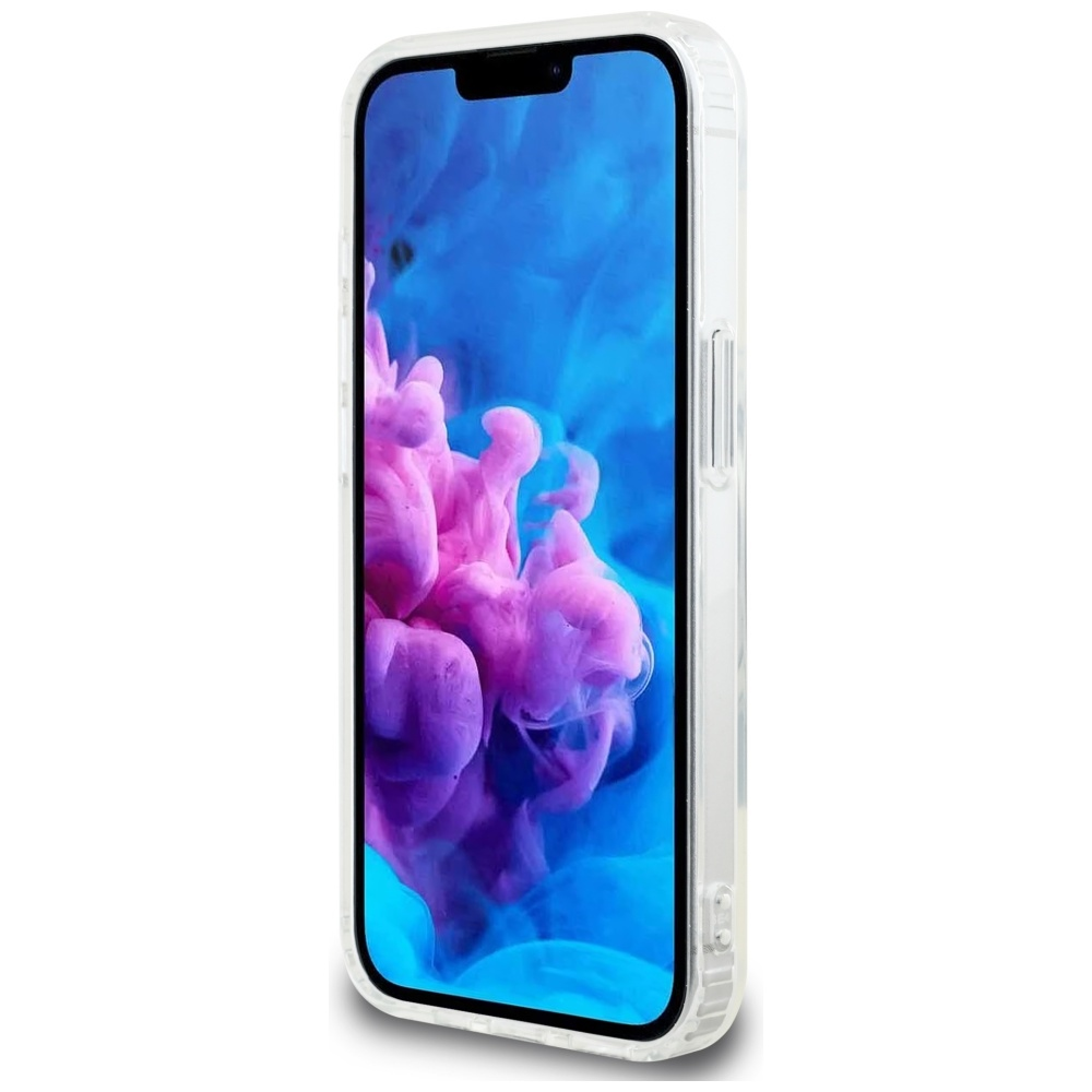 Uno smartphone in una custodia trasparente mostra un design astratto blu e viola. Il telefono è leggermente inclinato verso destra.