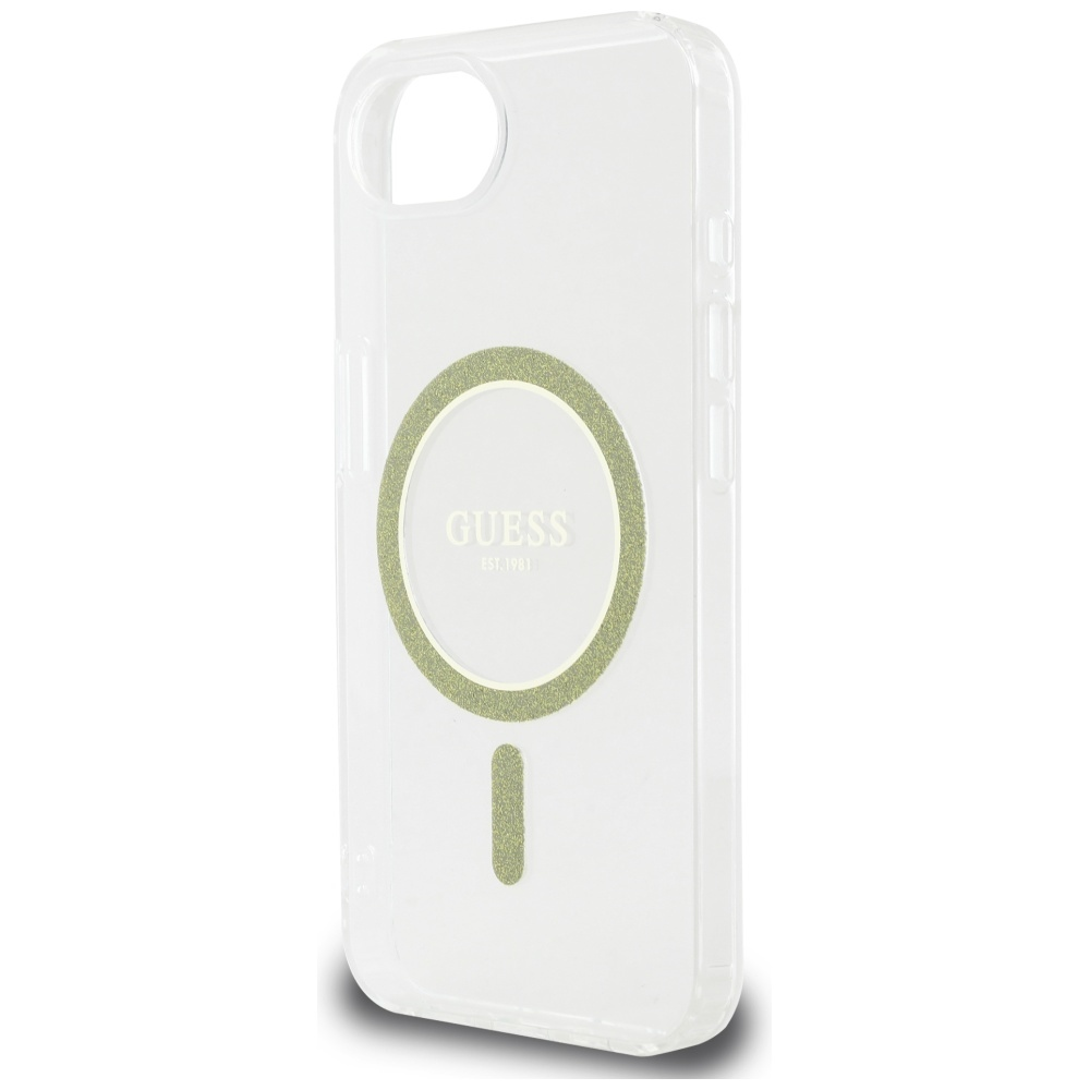 Custodia trasparente per telefono con un design a cerchio e striscia. Il cerchio presenta la scritta GUESS e EST. 1981.