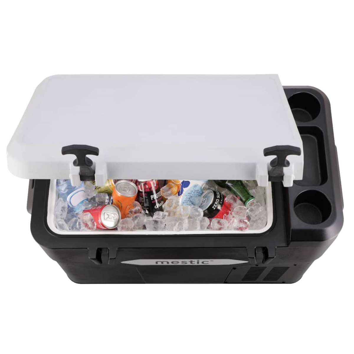 Open cooler with ice and assorted cans. White lid partially open, black cooler body with cup holders on the side.