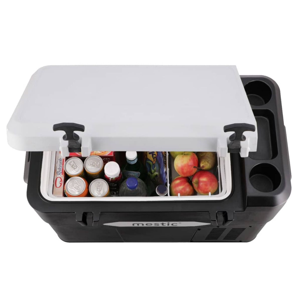 Open cooler with drinks and fruits inside. Black and white cooler with a white lid, various cans, bottles, and apples inside.