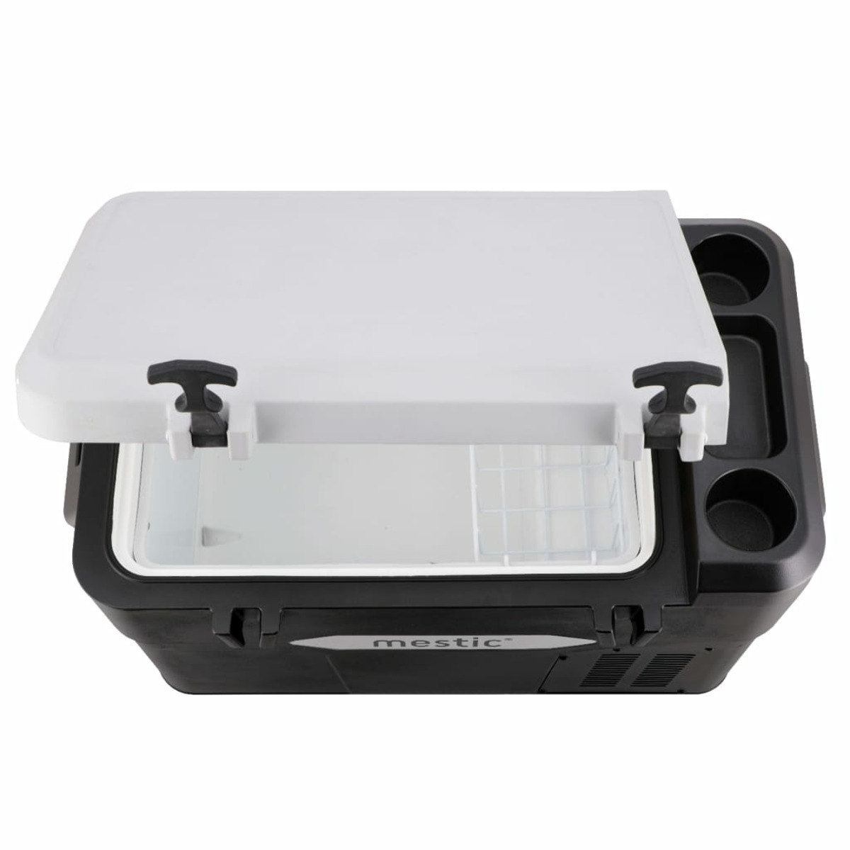 Open black and white cooler with the lid ajar. The cooler has a cup holder and the brand name 'mestic' is visible.