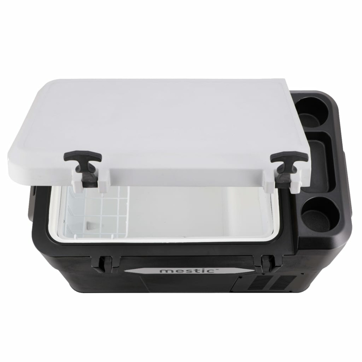 Open black and white cooler with the lid open. A wire basket is inside. The cooler has drink holders and the brand name 'mestic'.