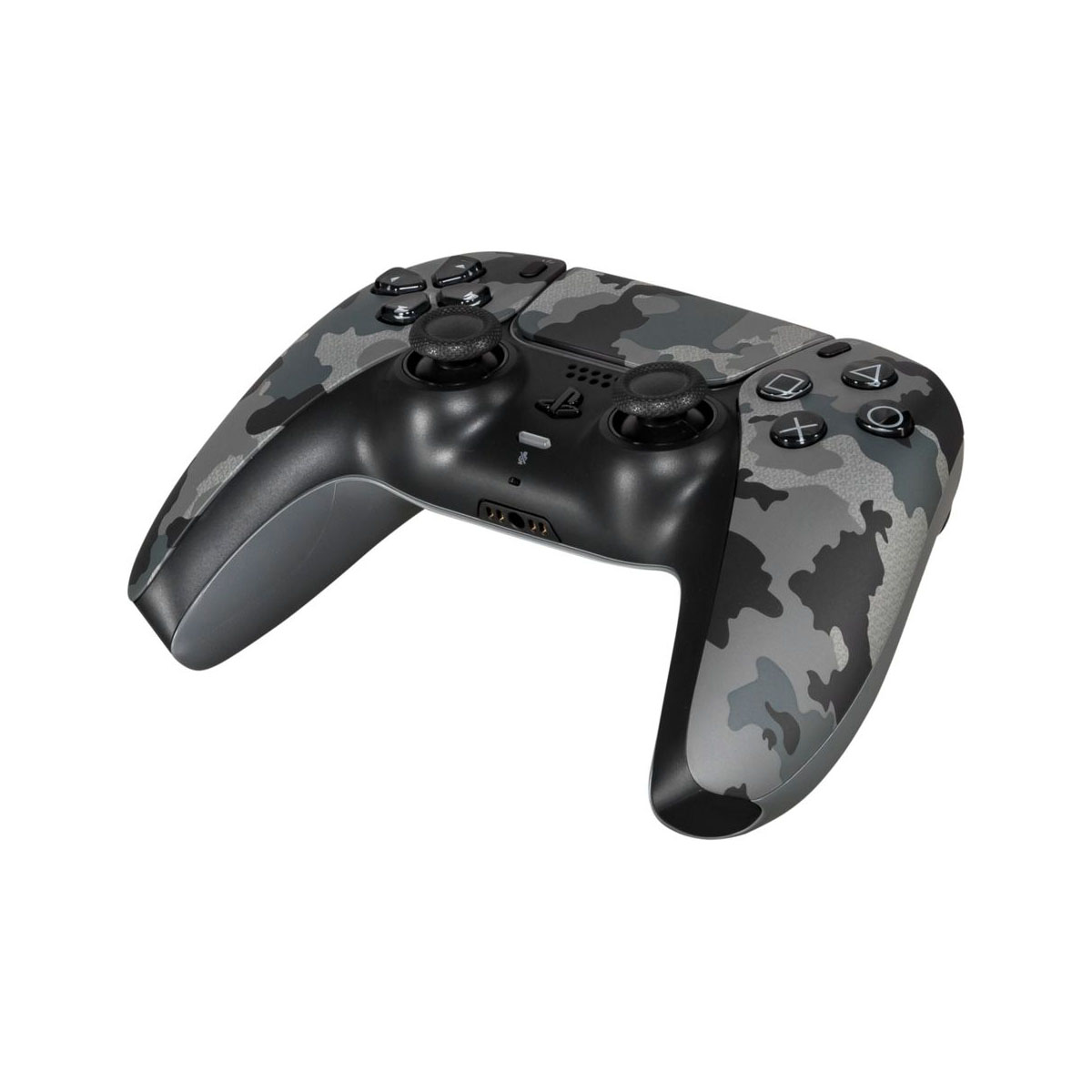 Kontroler do gier z wzorem kamuflażu, z czarnymi i szarymi wzorami. Przyciski i joysticki są widoczne na białym tle.