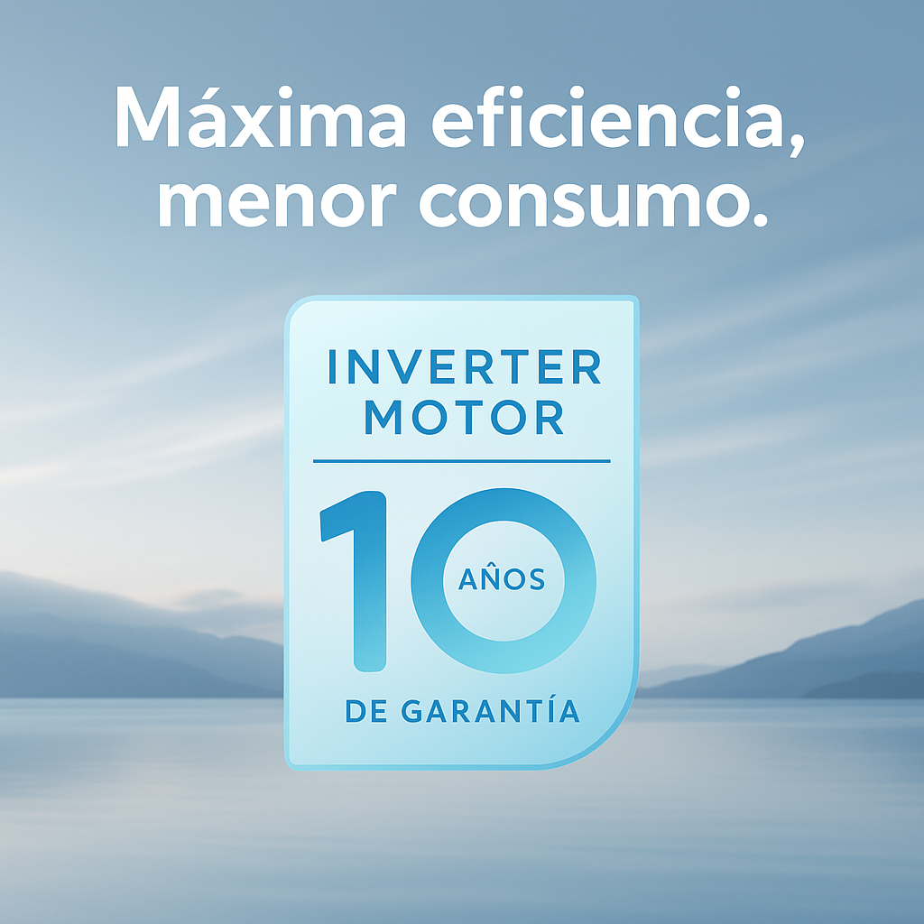 La imagen muestra un gráfico azul y blanco con texto sobre eficiencia y 10 años de garantía del motor inversor, sobre un paisaje escénico.
