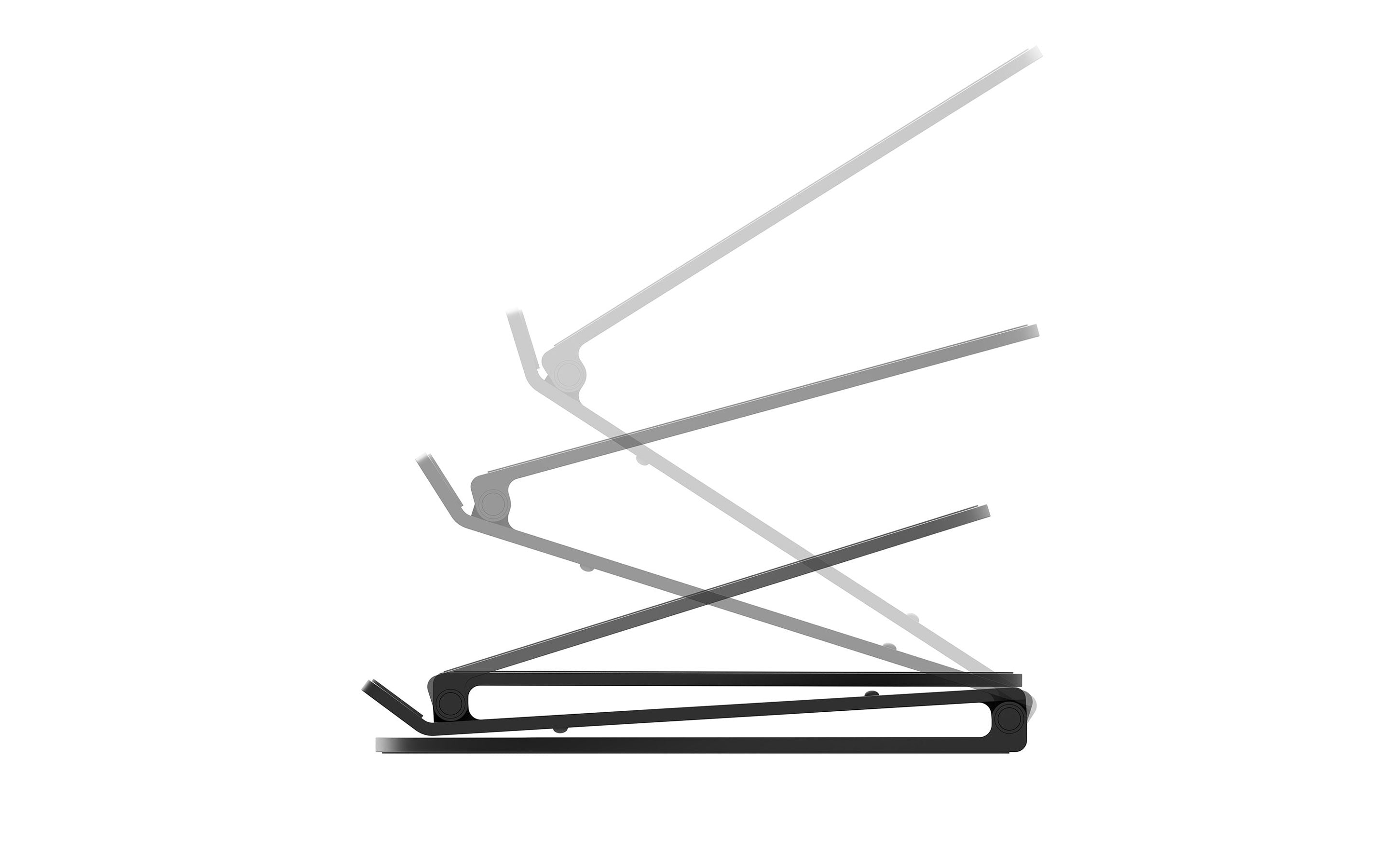 A black laptop stand is shown against a white background. Ghosted lines show the stand's adjustable positions.