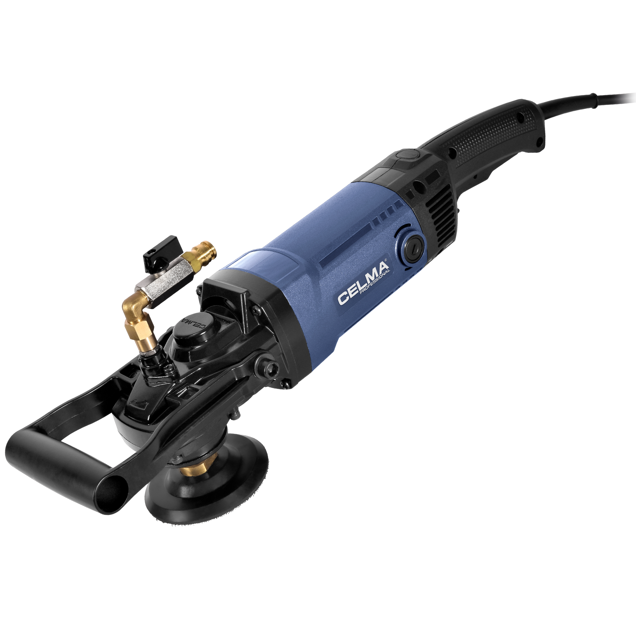 Niebiesko-czarne elektronarzędzie z uchwytem, czarnym dyskiem i mosiężnym złączem na białym tle.