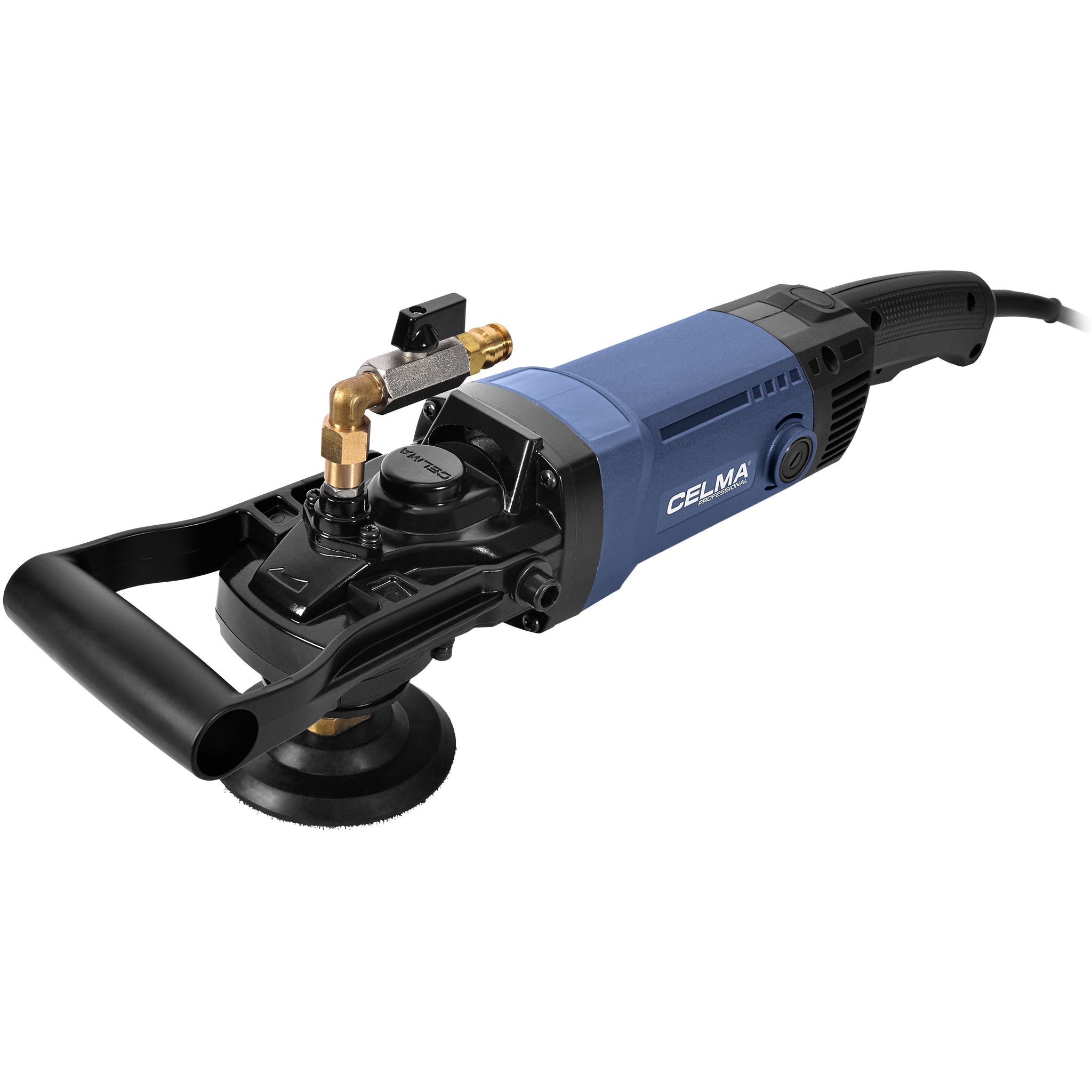 Niebiesko-czarne elektronarzędzie z mosiężnymi złączkami i czarnym uchwytem. Widnieje na nim nazwa marki CELMA.