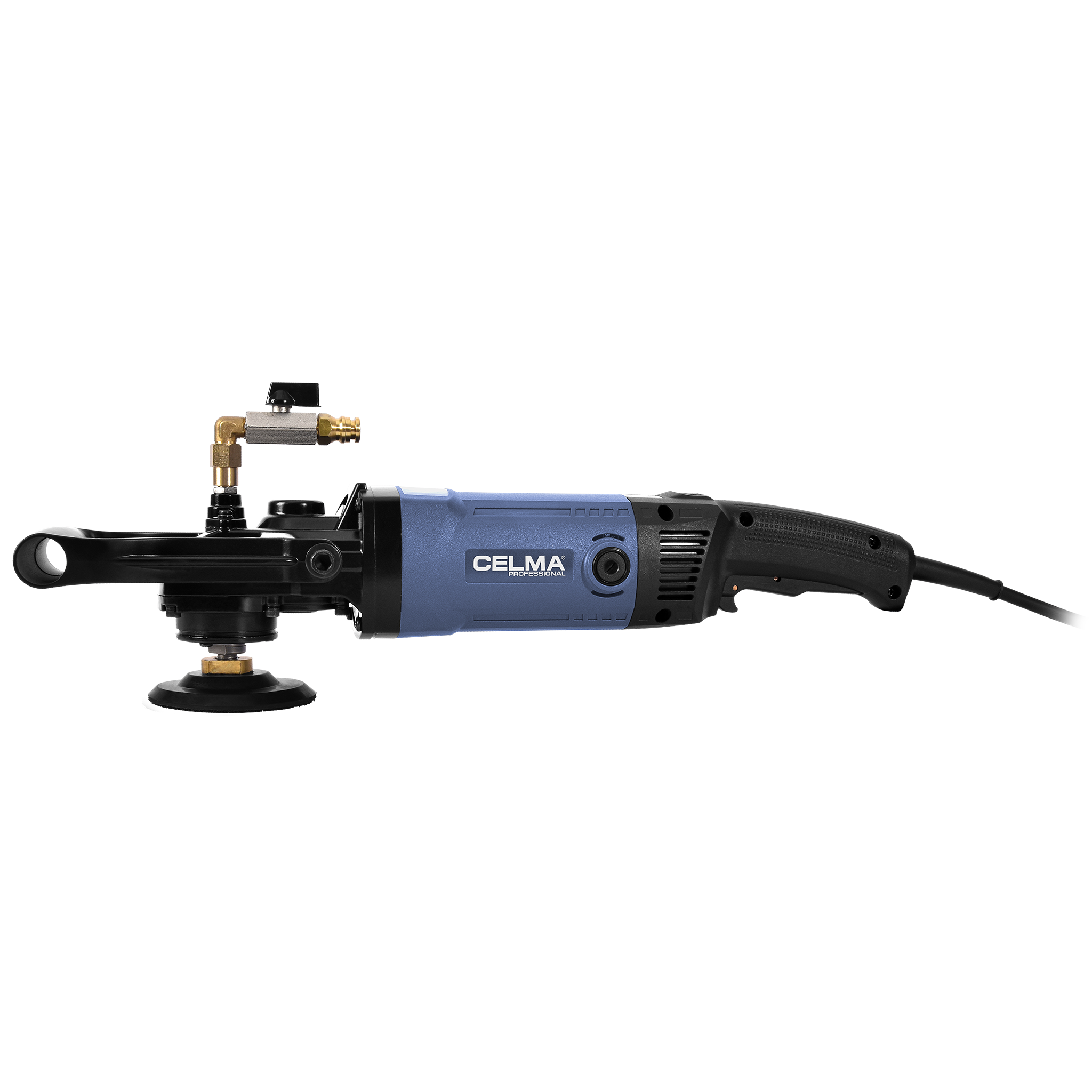 Niebiesko-czarne elektronarzędzie z uchwytem i tarczą, wraz z metalowymi częściami i przewodem zasilającym.