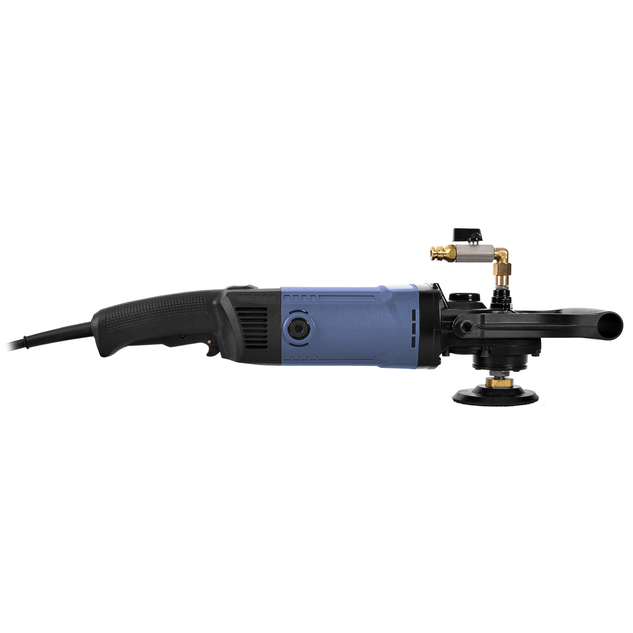 Szlifierka elektryczna z niebieskim korpusem i czarnym uchwytem. Posiada mosiężne złącze i czarną podstawę.