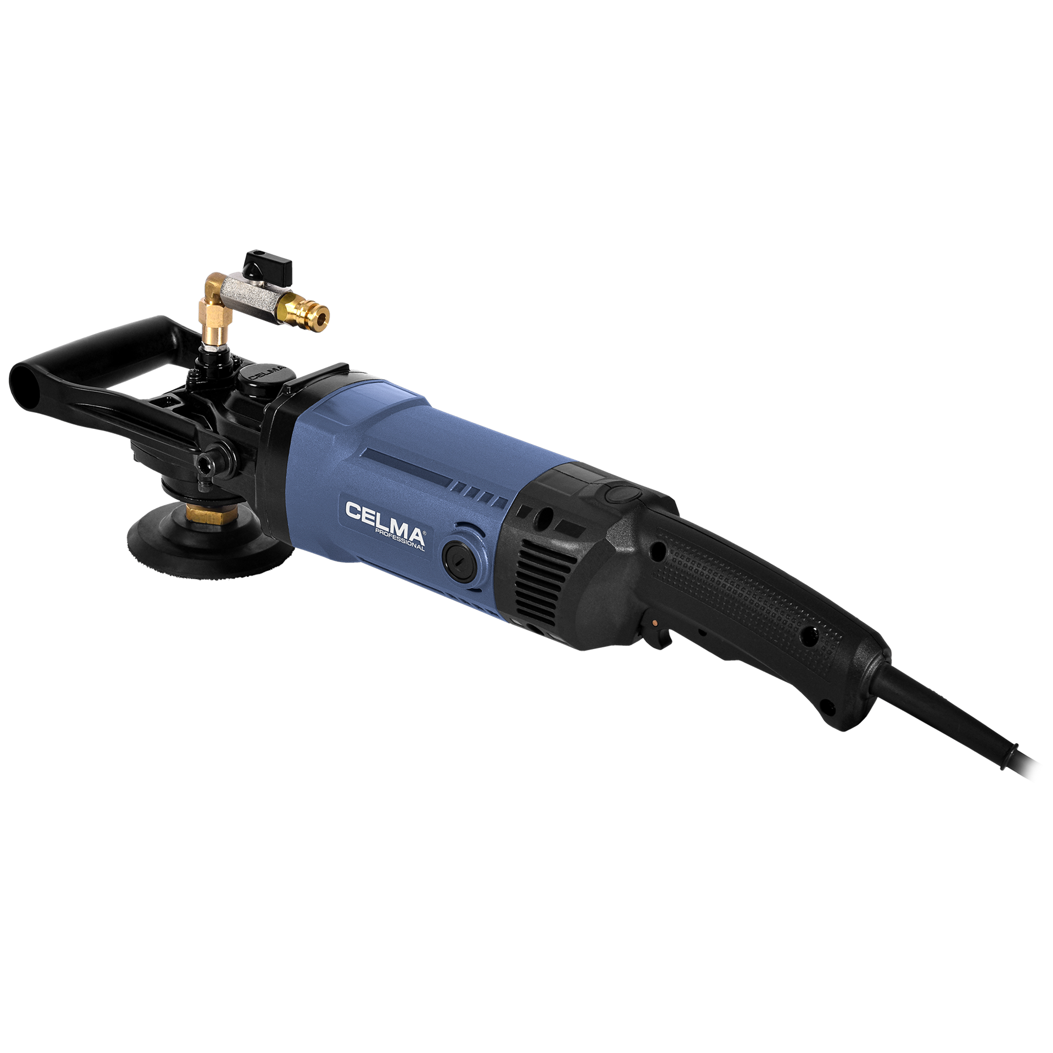 Narzędzie elektryczne w kolorze niebiesko-czarnym z uchwytem, dyszą i czarnym przewodem zasilającym.