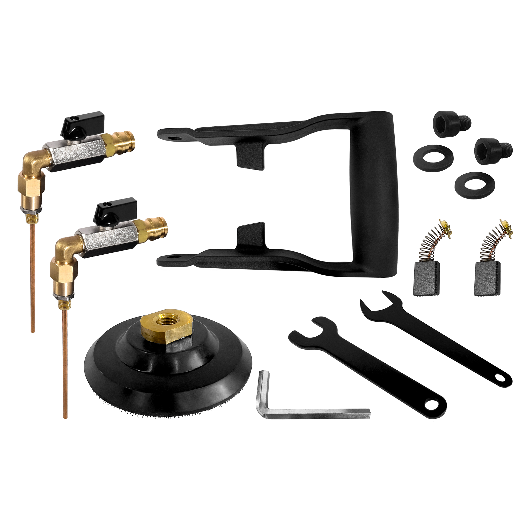Obraz przedstawia różne części mechaniczne, w tym zawory, uchwyt, klucze i podkładkę polerską, wszystko na białym tle.