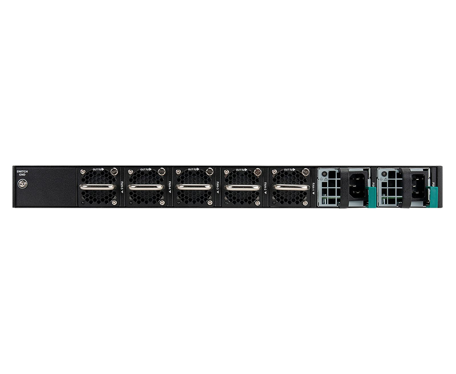 Czarny przełącznik sieciowy z wieloma wentylatorami, wejściami zasilania i portami jest wyświetlany na białym tle.