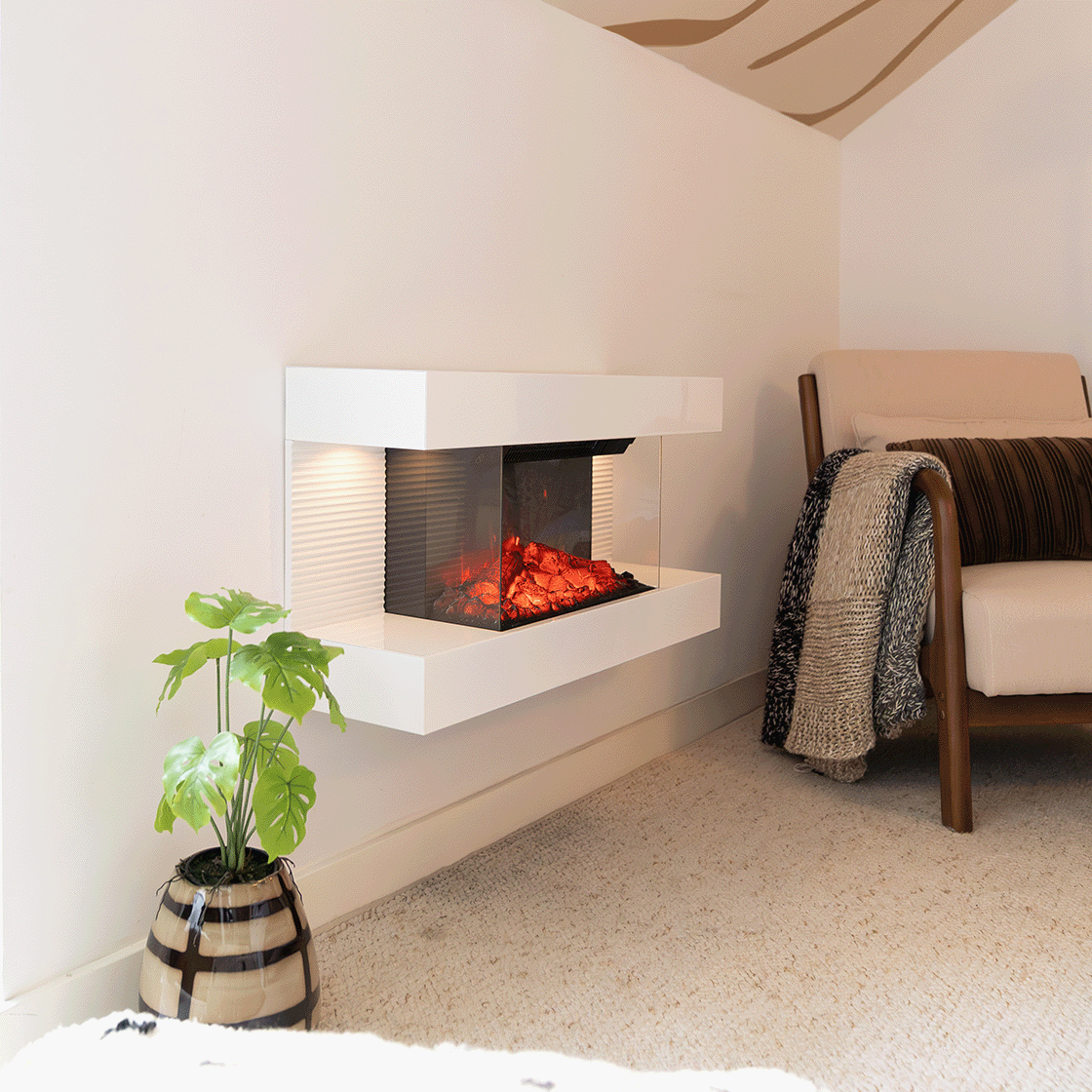 Een moderne open haard met een plant in een decoratieve pot, een stoel met een deken en een vloerkleed op de vloer in een kamer.