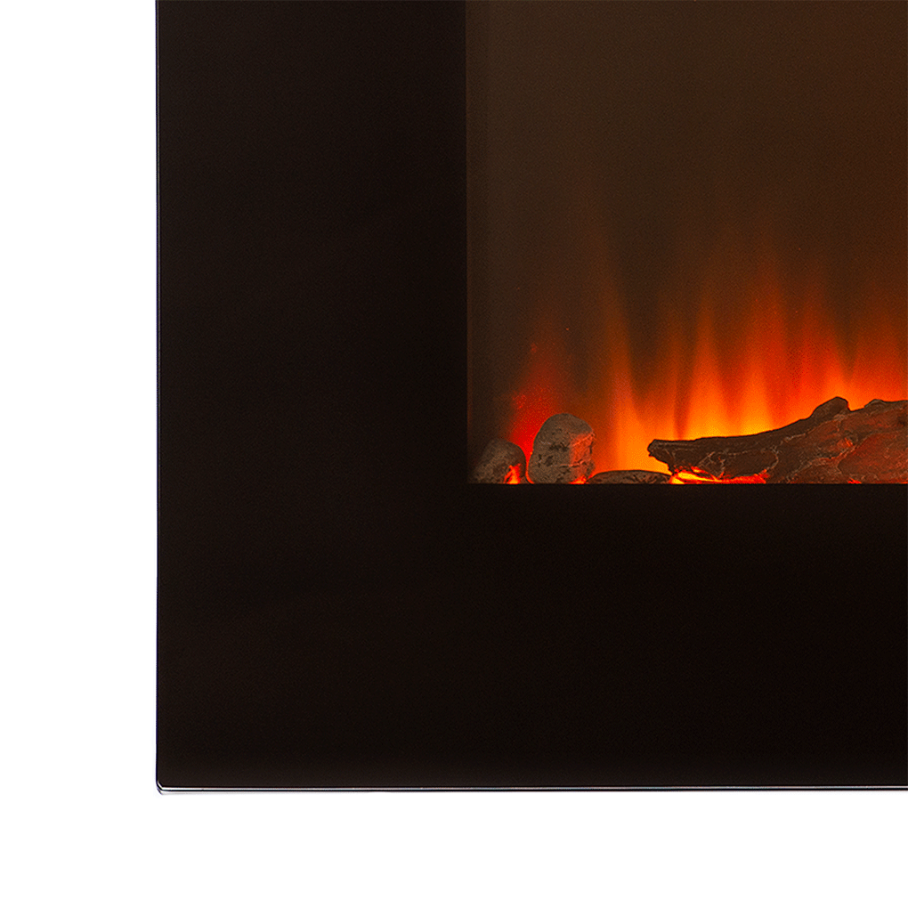 A decorative electric fireplace. It features glowing orange flames, rocks, and wooden logs set against a black backdrop.