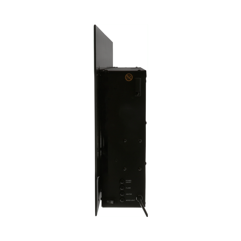 A black electric fireplace side view. Has power, flame, heater, and mood light buttons. A power switch and a cable are visible.