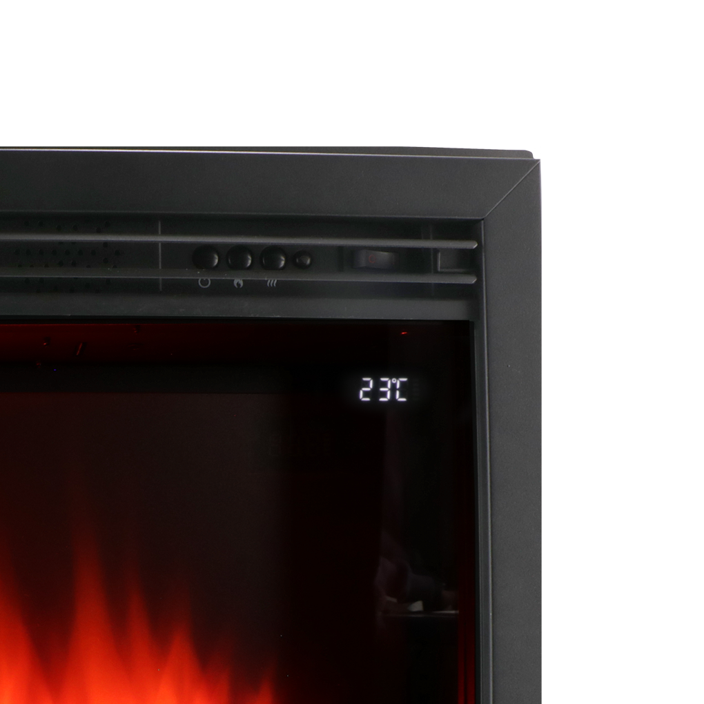 Elektrische haard met digitale display met 23°C. Rode vlammen zijn zichtbaar onder het display, met bedieningsknoppen erboven.