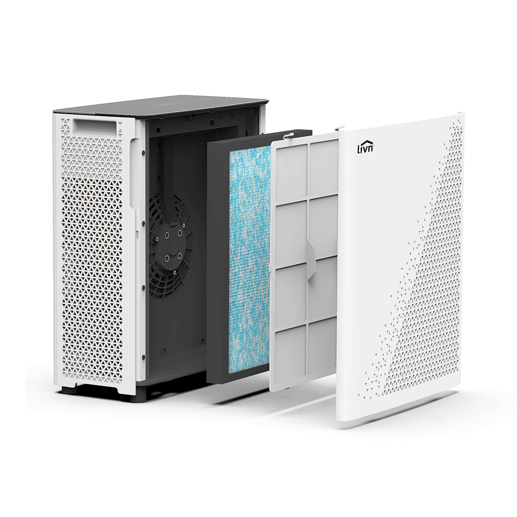 An air purifier disassembled, showing filters and fan. White casing with triangular vents. Blue filter visible.