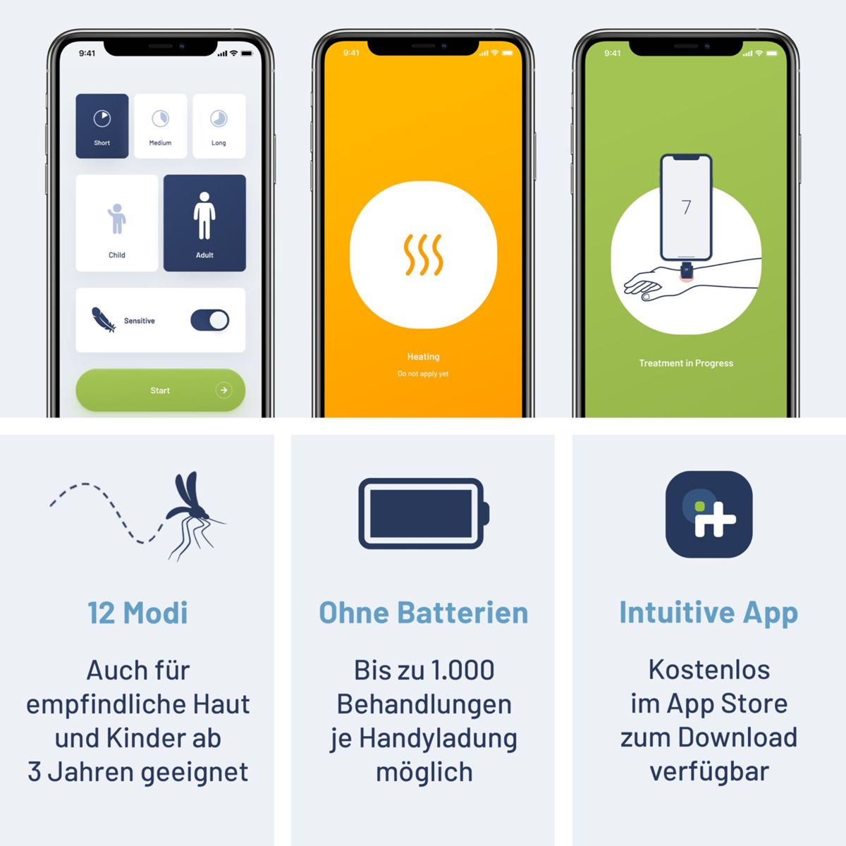 Tres pantallas de teléfono muestran interfaces de aplicaciones. Una muestra la configuración, otra la calefacción y una tercera indica el tratamiento en curso. Abajo, detalles de la aplicación.