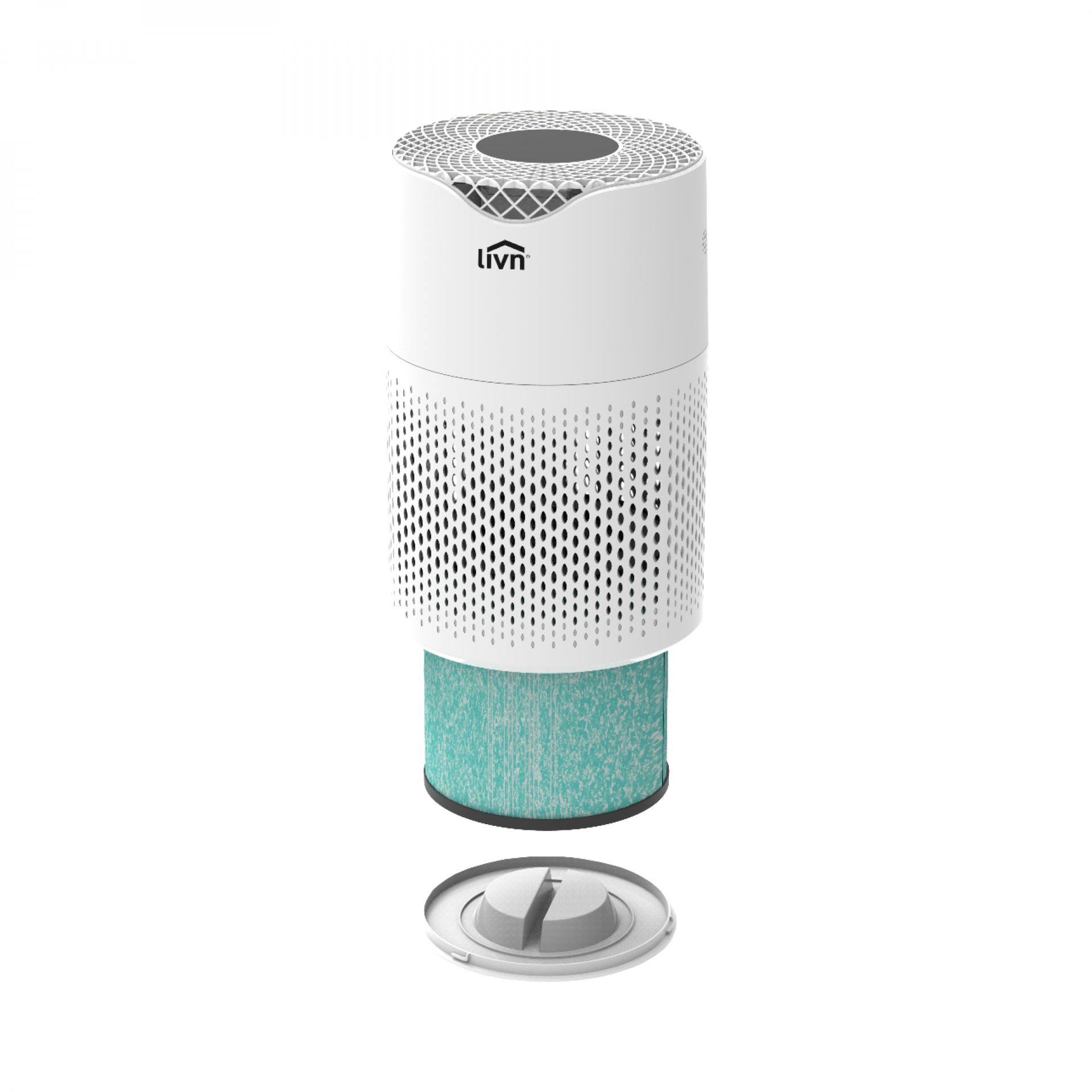 A white air purifier with a teal filter is disassembled. The base is also visible. The livn logo is on the device.