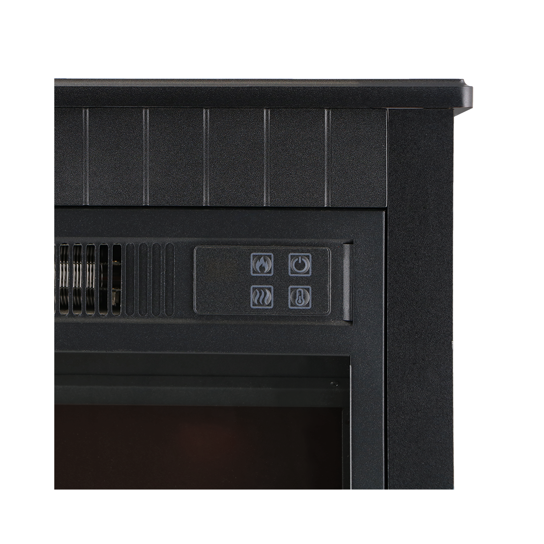 Close-up van een zwart bedieningspaneel van een open haard. Het heeft knoppen met symbolen voor vlam, stroom en warmte-instellingen.